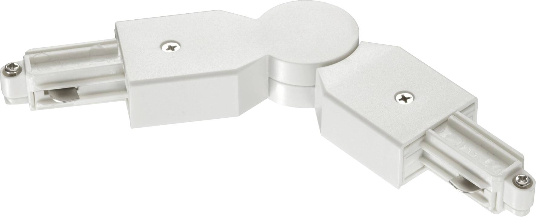 Un connecteur blanc réglable pour rails d'éclairage, doté d'un point de pivot central et de deux bras d'extension avec vis de fixation.