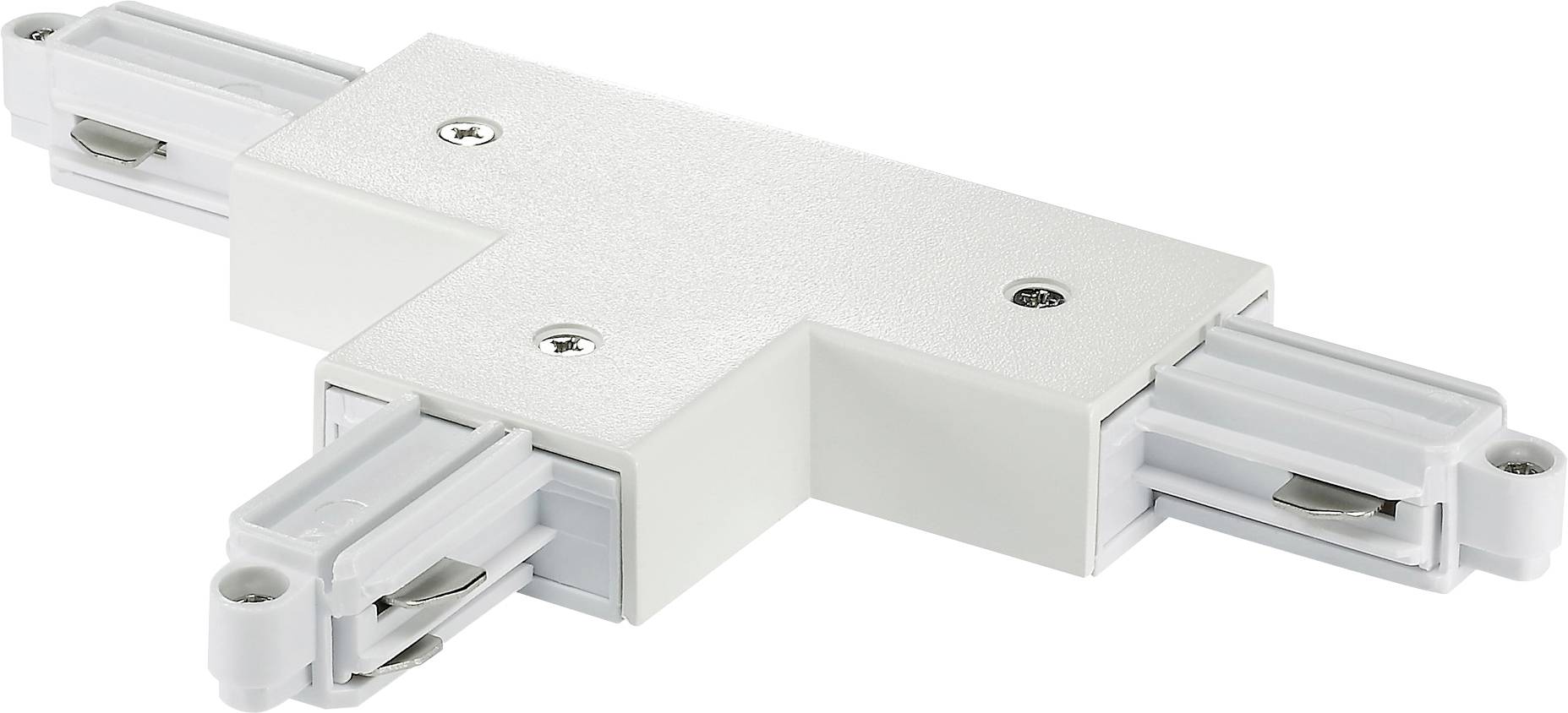 Un connecteur de rail d'éclairage blanc en forme de L avec deux fentes parallèles et des contacts métalliques, utilisé pour connecter et prolonger les rails d'éclairage.