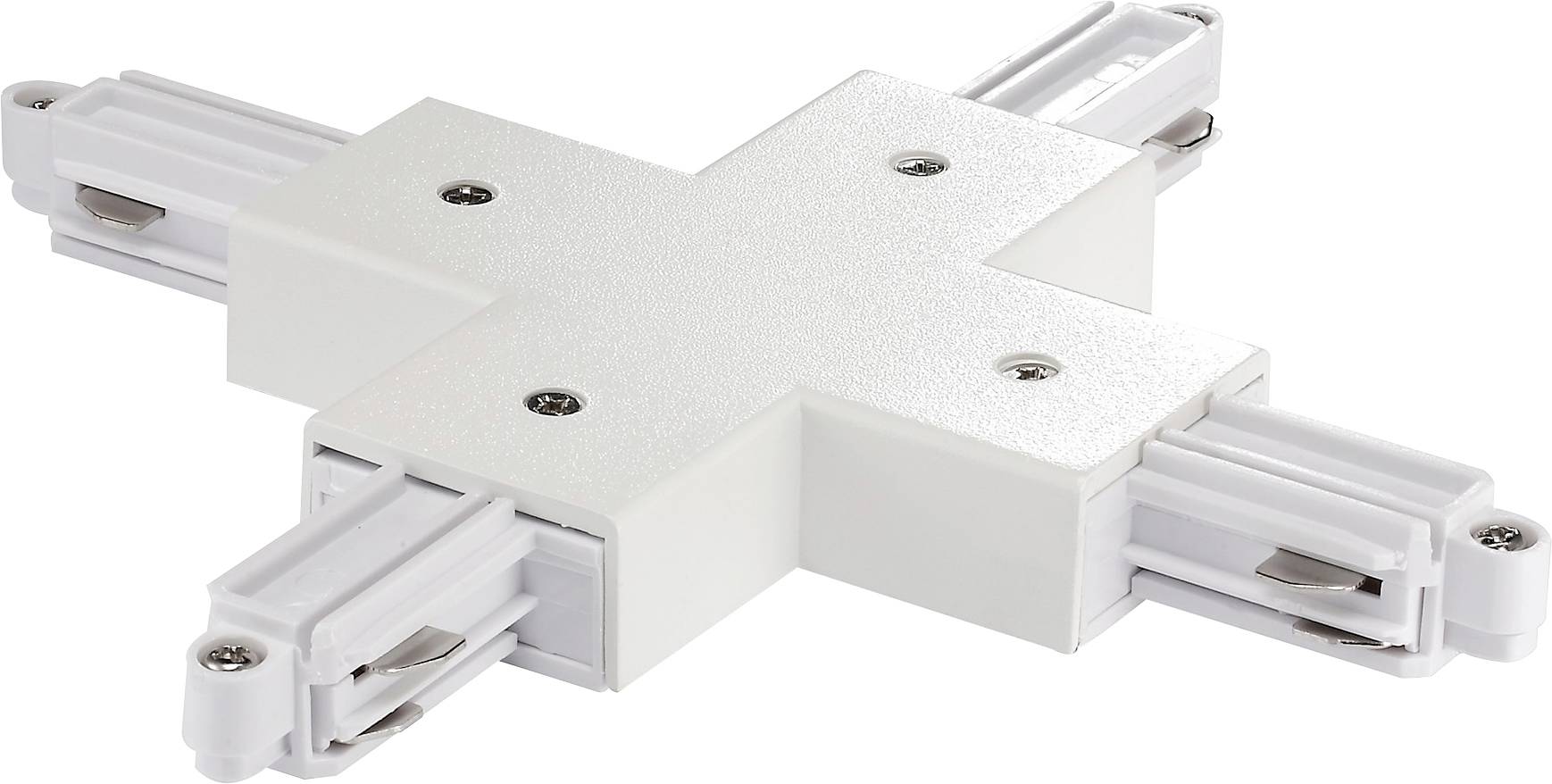 Un connecteur de piste à quatre voies blanc pour systèmes d'éclairage modulaires, présentant une forme en croix avec des pinces métalliques à chaque extrémité.