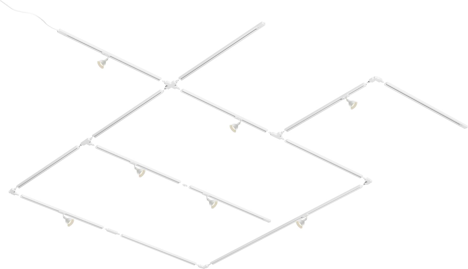 Luminaire en forme de grille reconfigurable avec dix projecteurs orientables sur un plafond blanc.