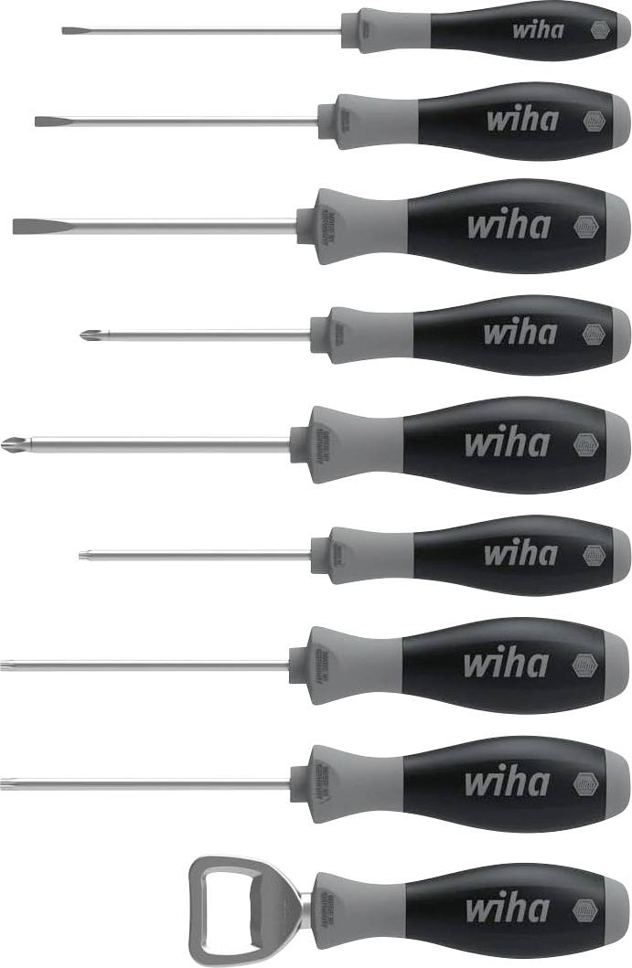 Un ensemble de huit tournevis Wiha et un ouvre-bouteille, chacun doté de poignées noires portant le logo Wiha.