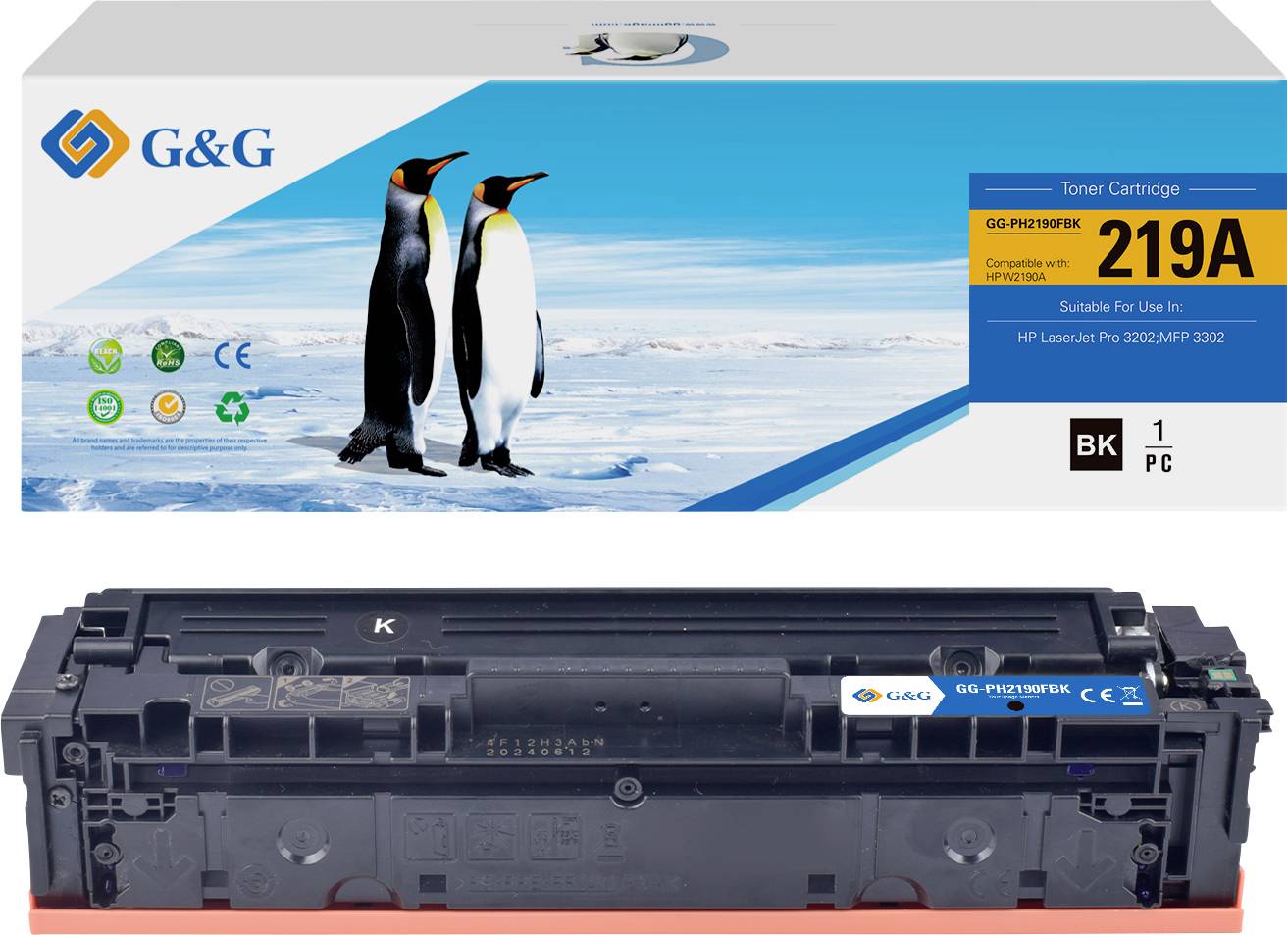 Emballage de cartouche de toner présentant un logo de marque, « G&G », deux pingouins sur la glace, et les détails du produit : « 219A, compatible avec les imprimantes laser HP. »