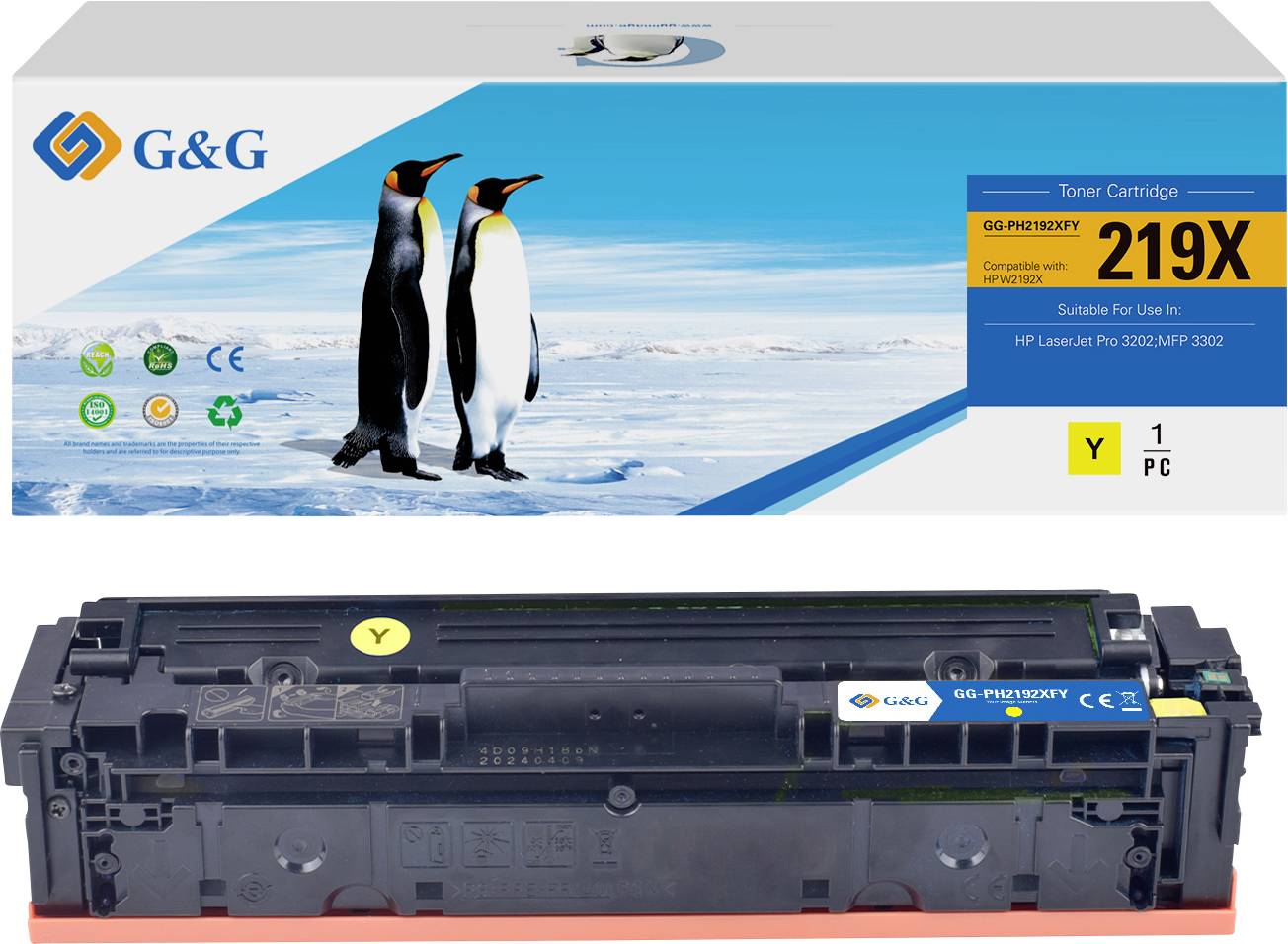 Cartouche de toner avec images de deux pingouins dans un paysage glacé sur l'emballage, portant l'étiquette 219X, compatible avec HP LaserJet Pro 2032/AMP 2020.