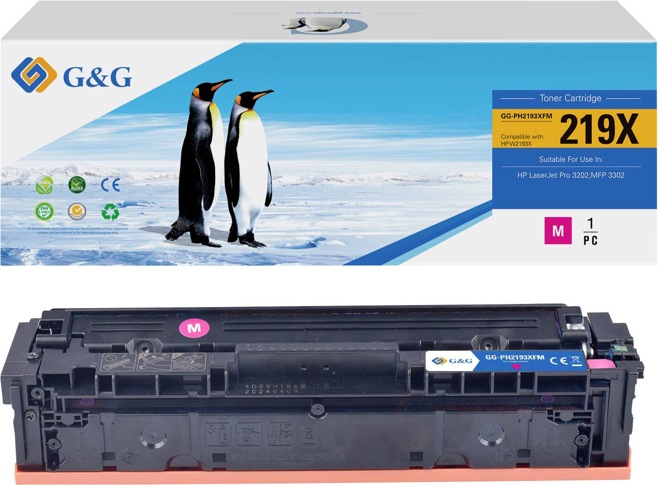 Une boîte de cartouche de toner pour imprimante avec une photo de trois pingouins sur la glace. La boîte est étiquetée « G&G 219X » et « Compatible avec HP LaserJet Pro 3002 MFP 3002 ».