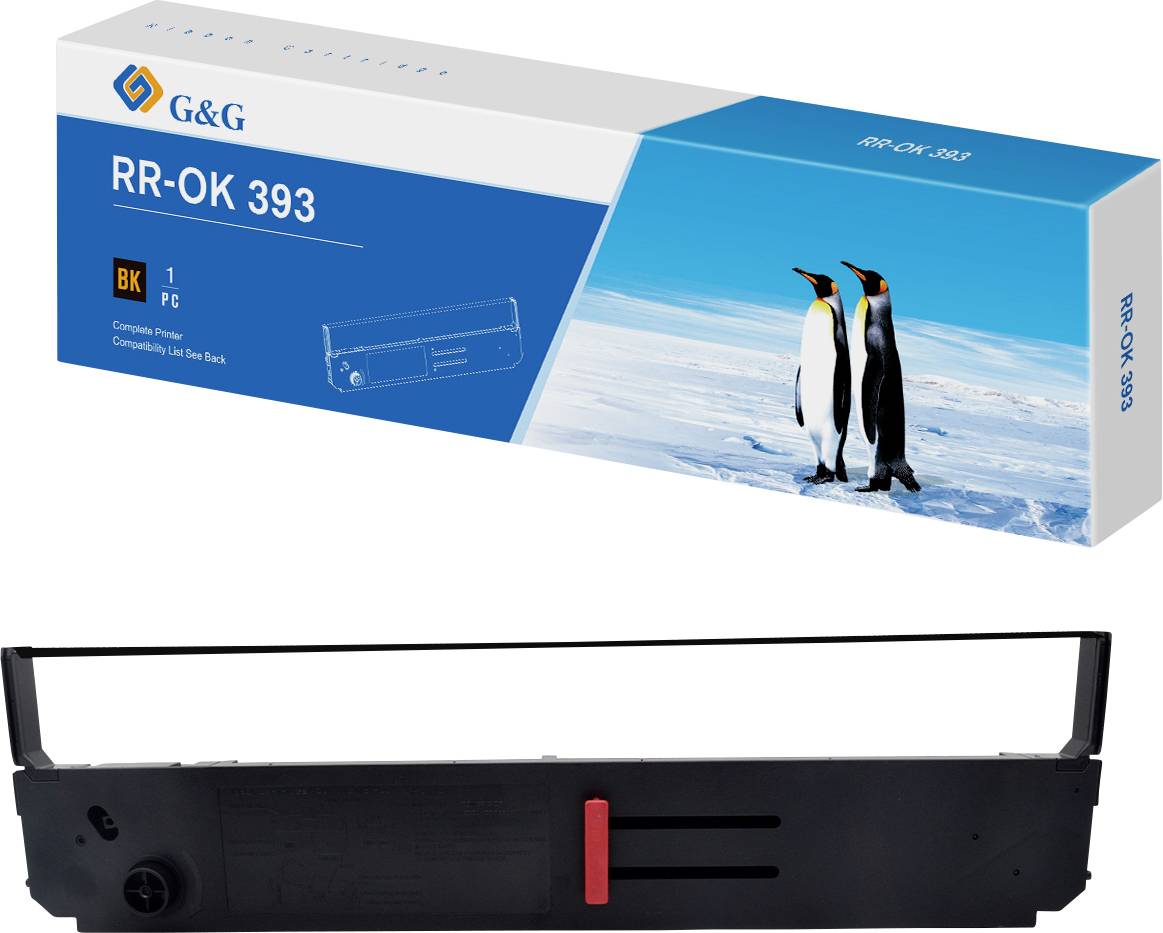 Ruban d'imprimante étiqueté « RR-OK 393 » avec une boîte présentant deux pingouins sur la neige. L'emballage indique encre noire, une pièce.