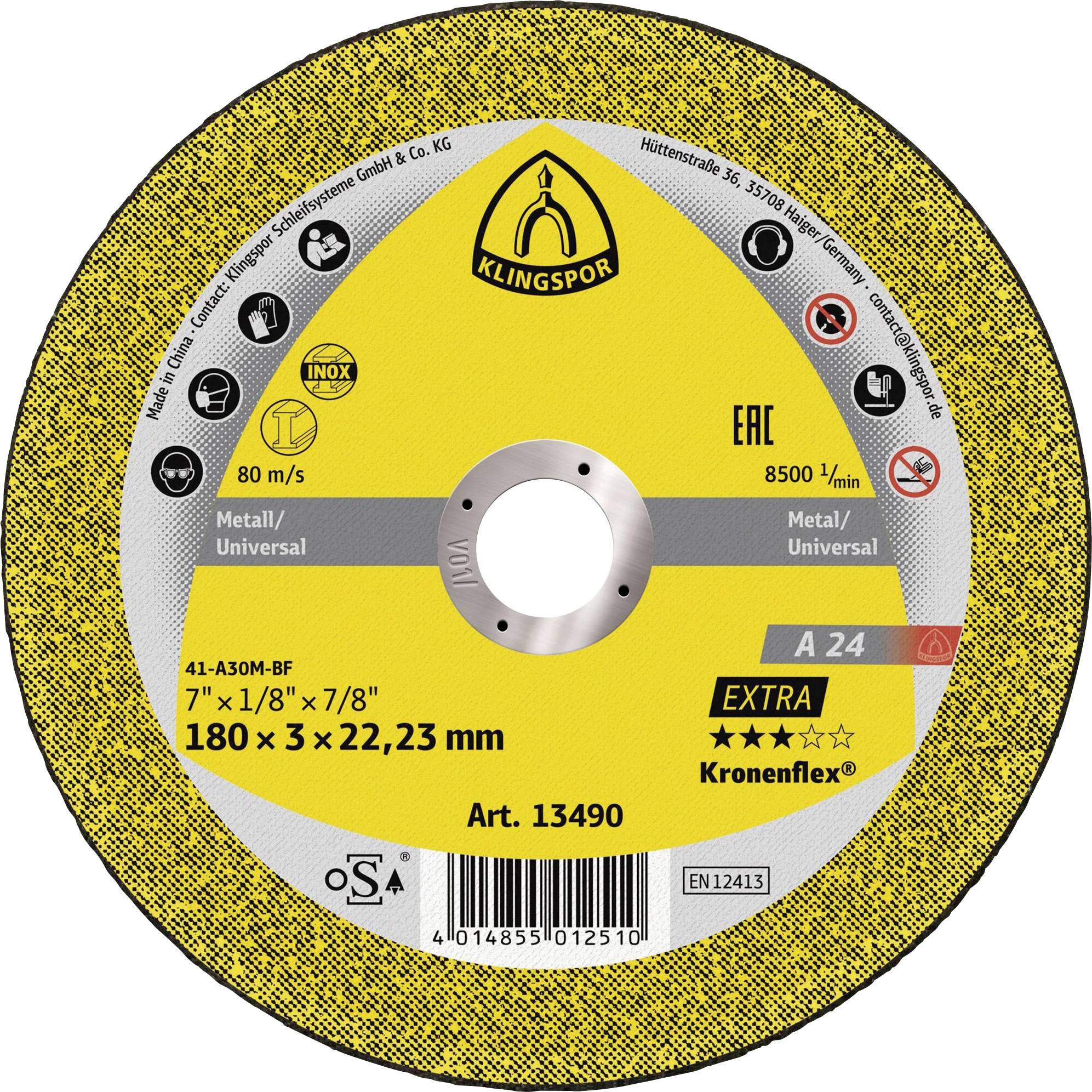 Un disque abrasif de coupe circulaire jaune et argent marqué « Klingspor » pour le métal, avec des dimensions 180x3x22, et une vitesse maximale de 8500 tr/min.