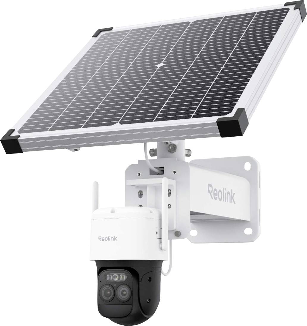 Caméra de sécurité alimentée par énergie solaire avec support de montage et panneau solaire. Le système de caméra est de marque « Reolink ».
