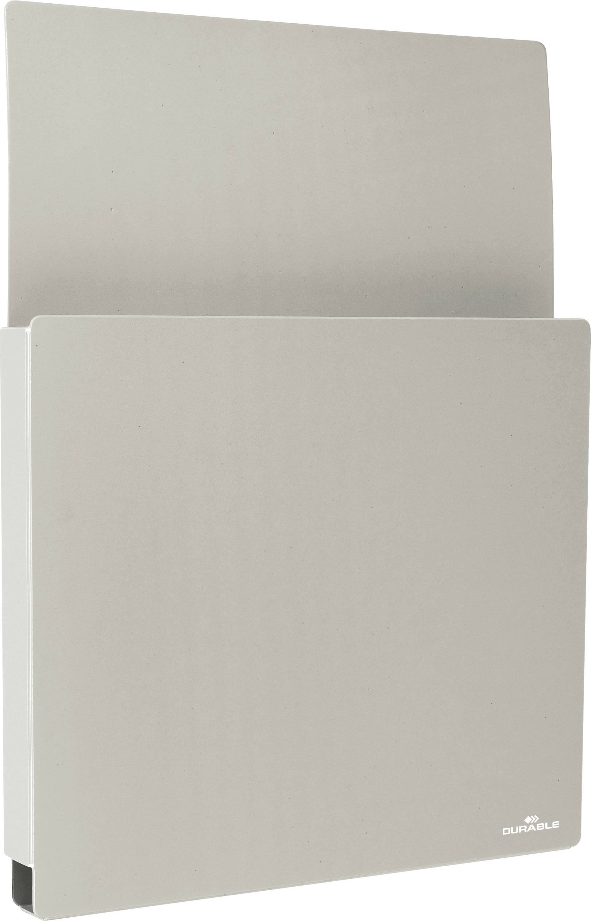 Un porte-revues mural en métal avec un design minimaliste et le mot « Durable » imprimé dans le coin inférieur droit.