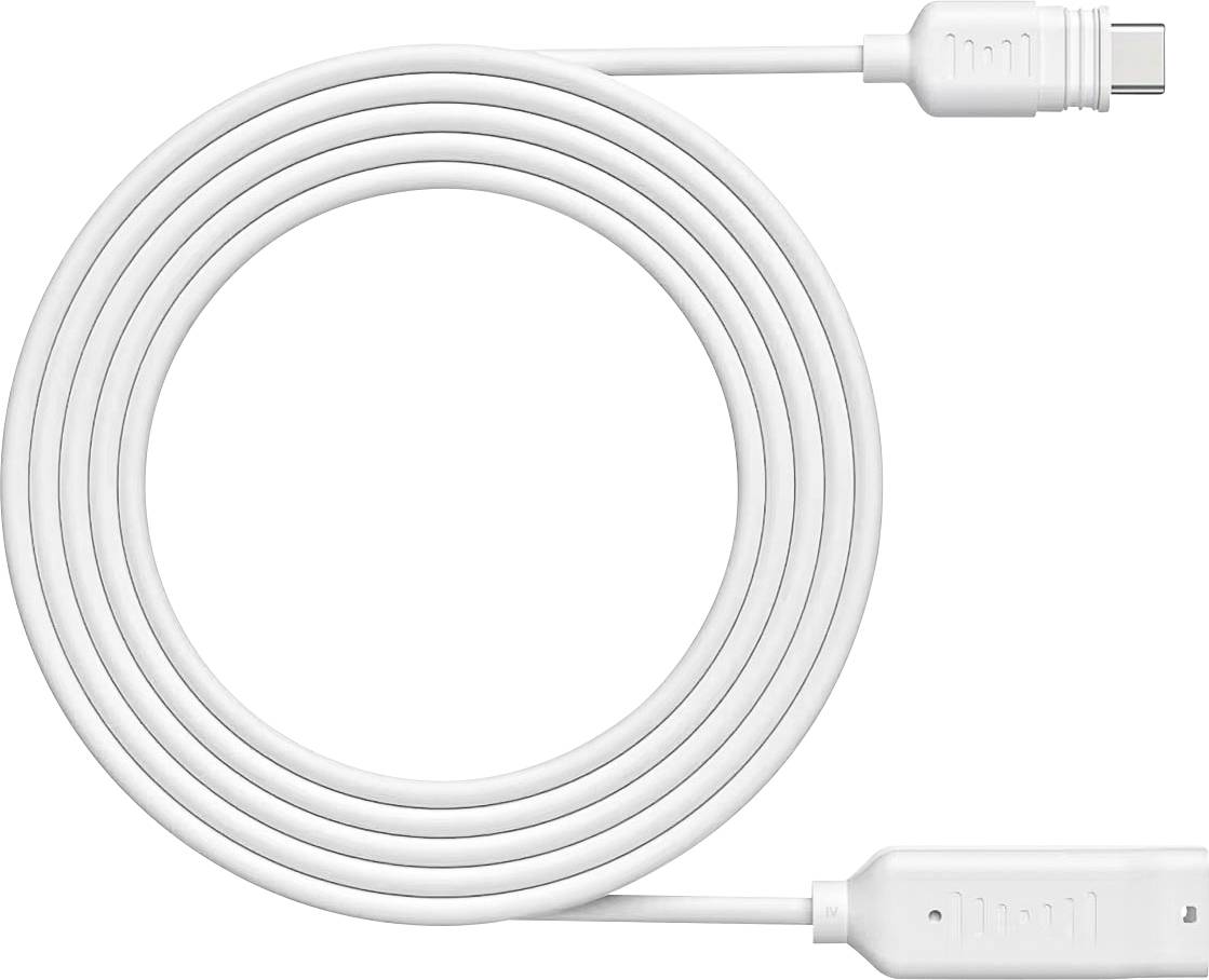 Un câble USB-C blanc enroulé avec des connecteurs visibles aux deux extrémités, positionné sur un fond uni.