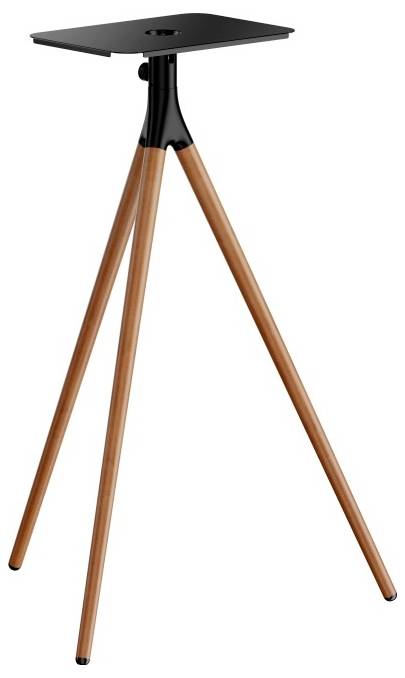 Un trépied en bois avec un plateau rectangulaire noir, conçu pour supporter des haut-parleurs ou de petits appareils.