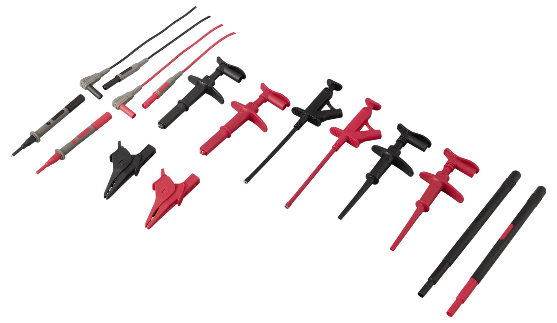 Assorted multimeter test probes and clip leads in black, red, and gray, displayed on a white background.