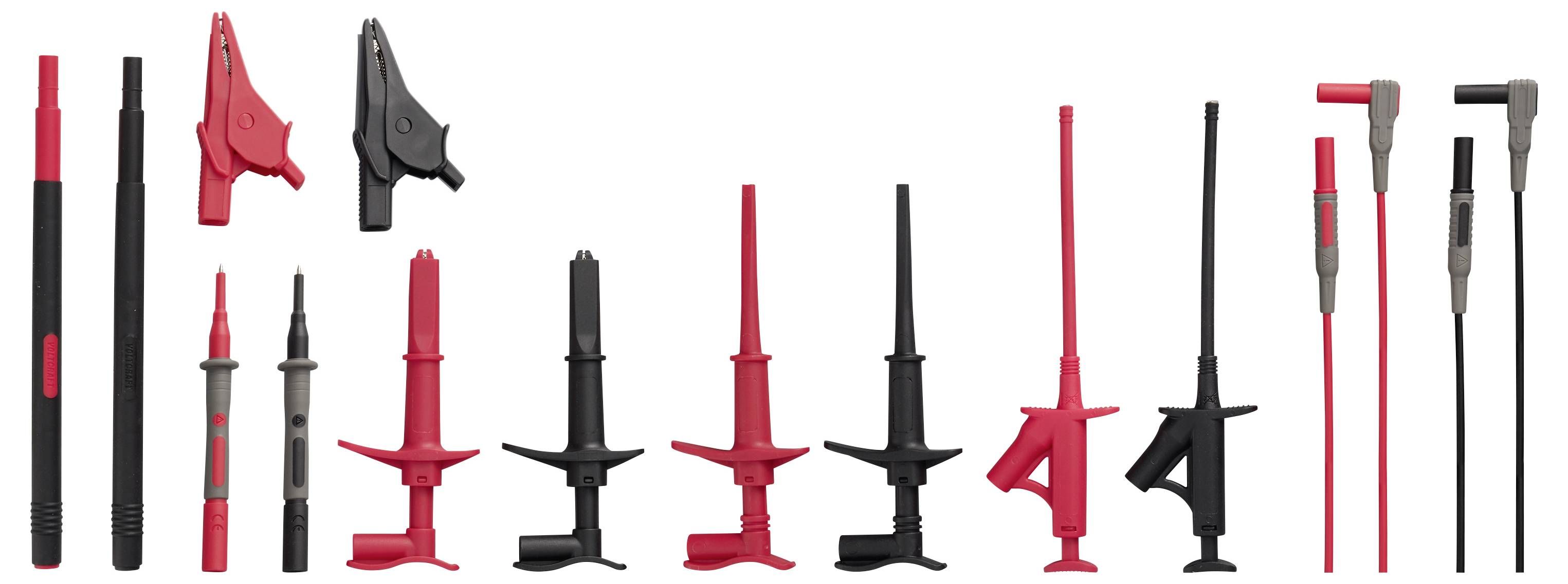 Ensemble de sondes de test rouges et noires et de pinces crocodiles disposées par paires sur un fond blanc.