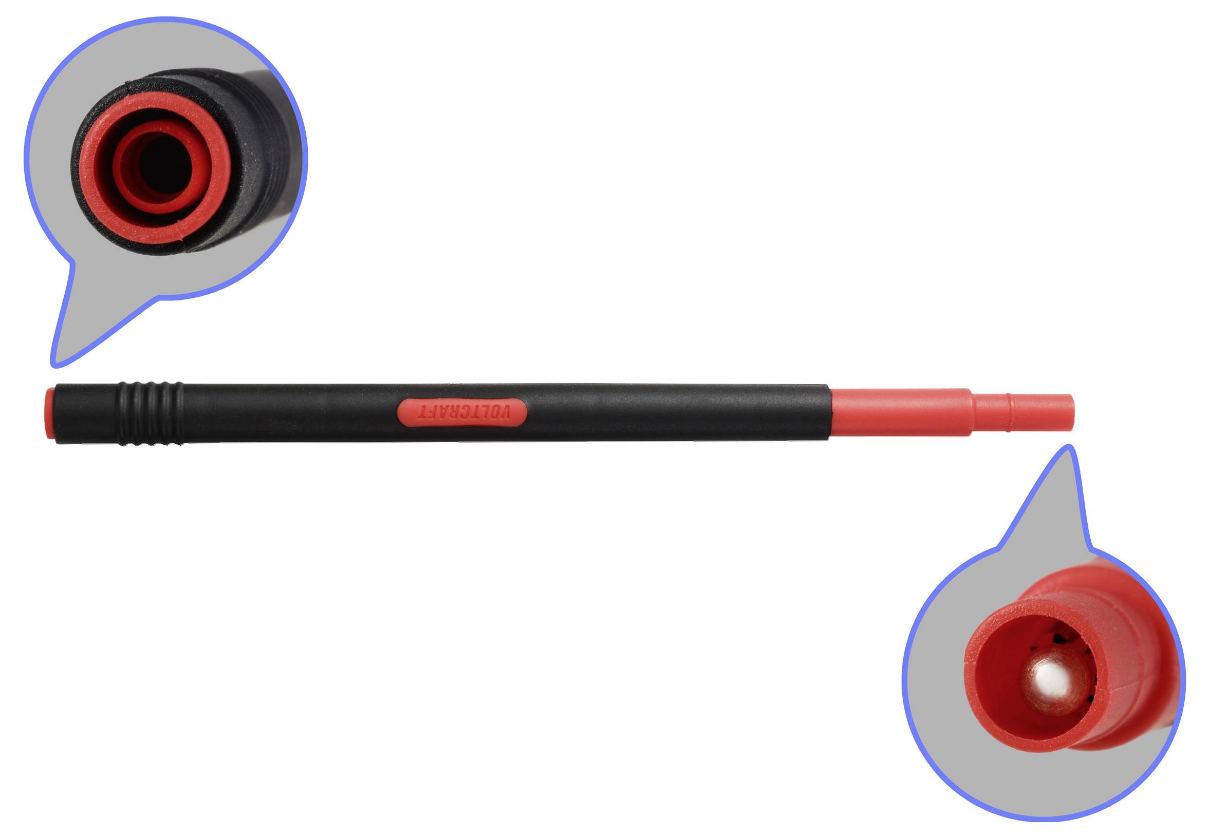 Black and red pen-style stylus with interchangeable tips, shown horizontally with two magnified close-ups of the tip ends.