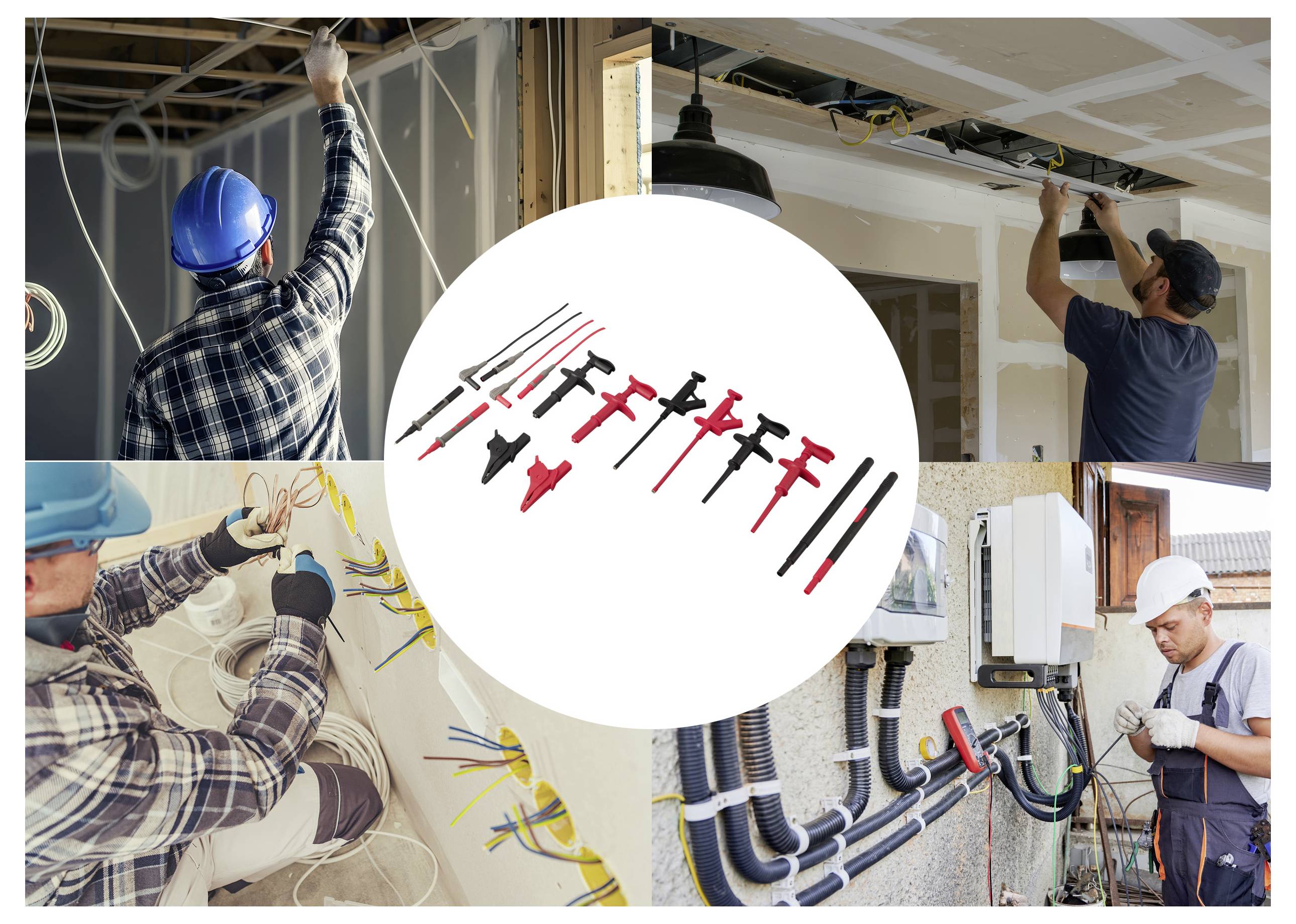 Collage of electricians and tools: workers install and wire a building, with a central display of screwdrivers and pliers.