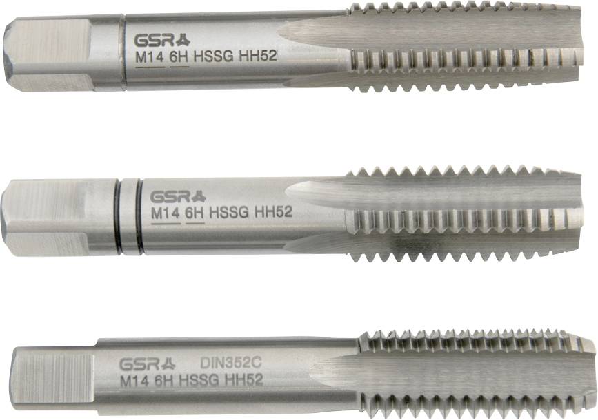 Trois robinets métalliques sont présentés, étiquetés « GSR M14 6H HSSG HH52 ». Les robinets sont positionnés horizontalement, mettant en évidence les arêtes de coupe.