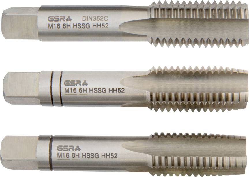 Trois robinets métalliques étiquetés « GSR DIN352C M16 6H HSSG HH52 » avec un filetage en spirale distinct pour couper ou former des filets dans les matériaux.
