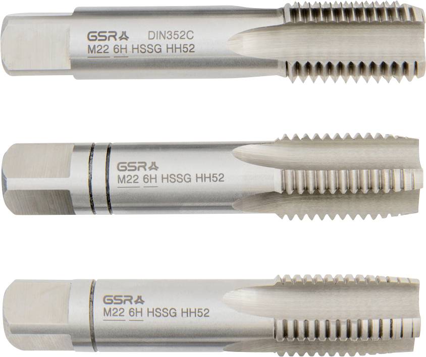 « Trois tarauds à filetage en métal étiquetés GSR, DIN352C, M22 6H HSSG HH52, chacun avec des motifs de filetage différents, utilisés pour découper des filetages internes. »