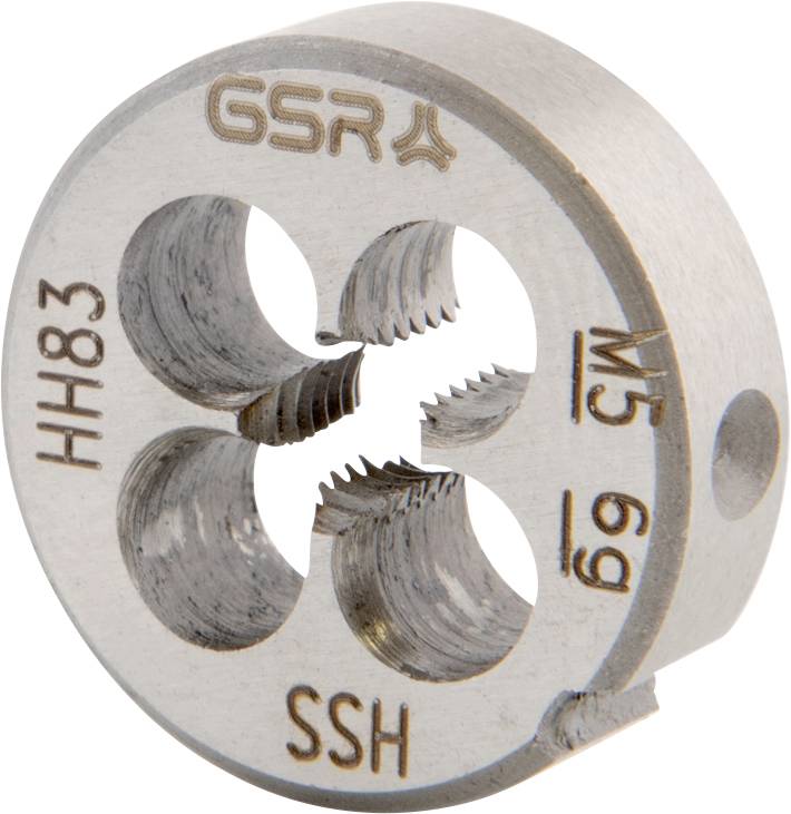 Un peigne de filetage en métal étiqueté « GSR SSH », avec « HH83 » et « M5 69 ». Il a quatre arêtes de coupe et une forme circulaire.