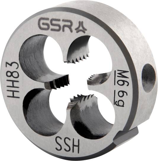 Un filière métallique ronde marquée « GSR », « HH83 », « M6 6g » et « SSH », avec des arêtes de coupe internes et des trous, utilisée pour créer des filetages sur des vis ou des tiges.