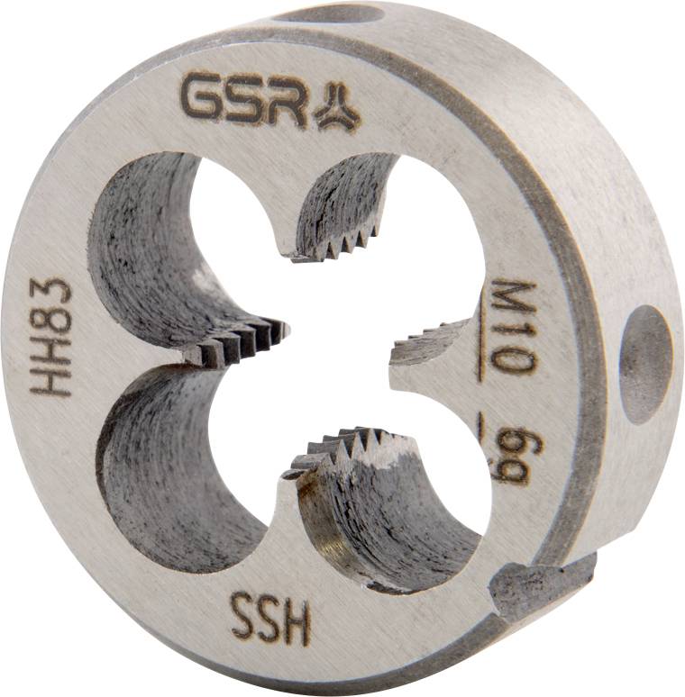 Une filière métallique ronde avec quatre trous, gravée avec « GSR », « M10 6g », « SSH » et « HH83 », utilisée pour tailler les filets sur les boulons ou les tiges.