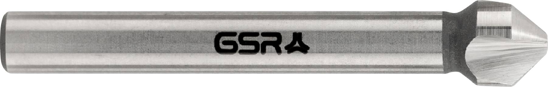 Un outil fraise à chanfreiner en métal avec une tige cylindrique et une pointe conique, présentant le logo « GSR ».