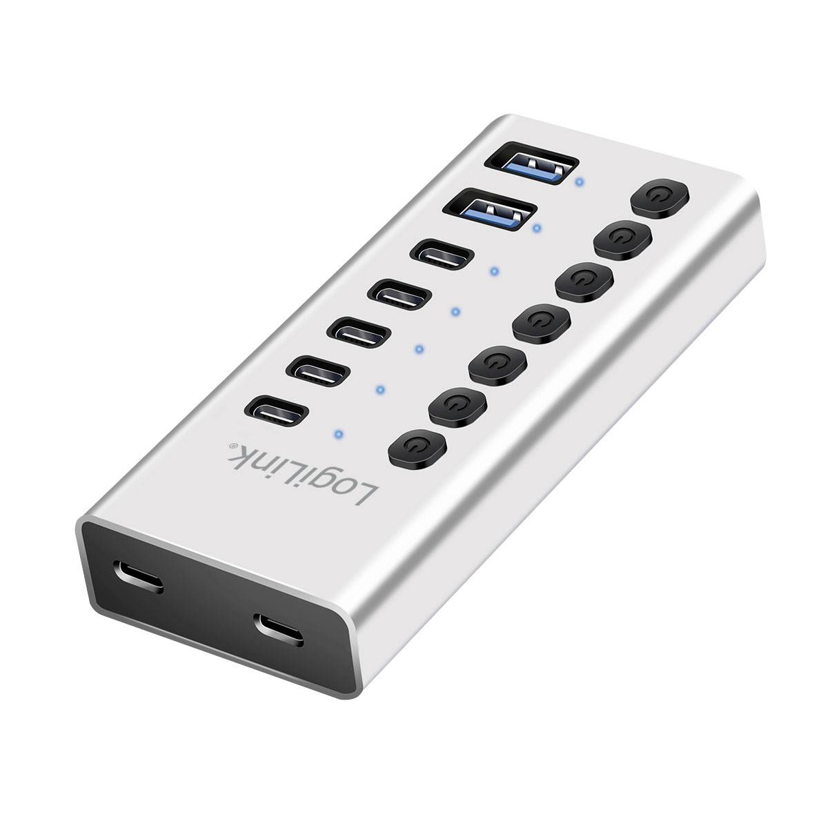 Hub USB multiport argenté avec deux ports USB-A, plusieurs ports USB-C et USB-A, et des boutons d'allumage/extinction individuels de forme ronde avec voyants lumineux.