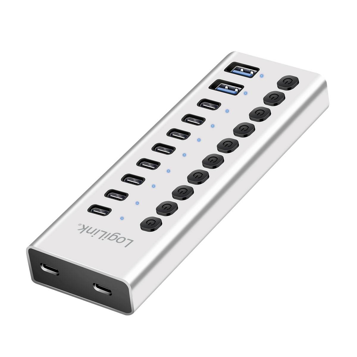 Concentrateur USB argenté avec plusieurs ports USB-A et USB-C, chacun équipé de boutons d'alimentation noirs individuels et de voyants lumineux bleus.