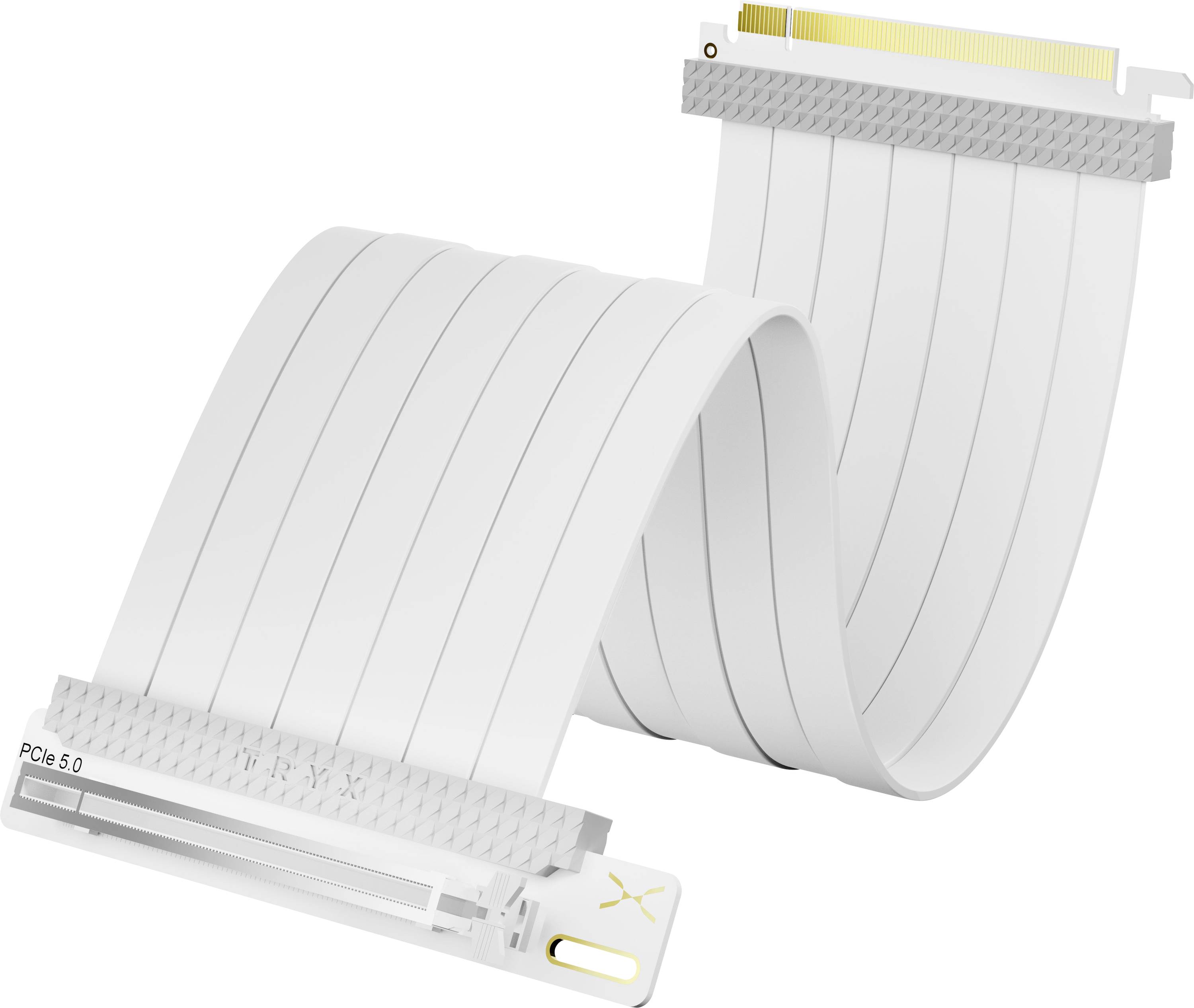 Un câble adaptateur PCIe 5.0 blanc avec connecteurs plaqués or, conçu pour une connexion flexible des composants informatiques, présenté en position enroulée.