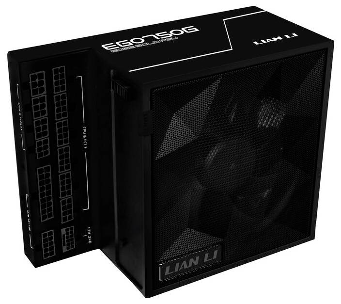 A black Lian Li power supply unit with visible connectors and branding. The model reads 'SP850' and has a mesh covering.
