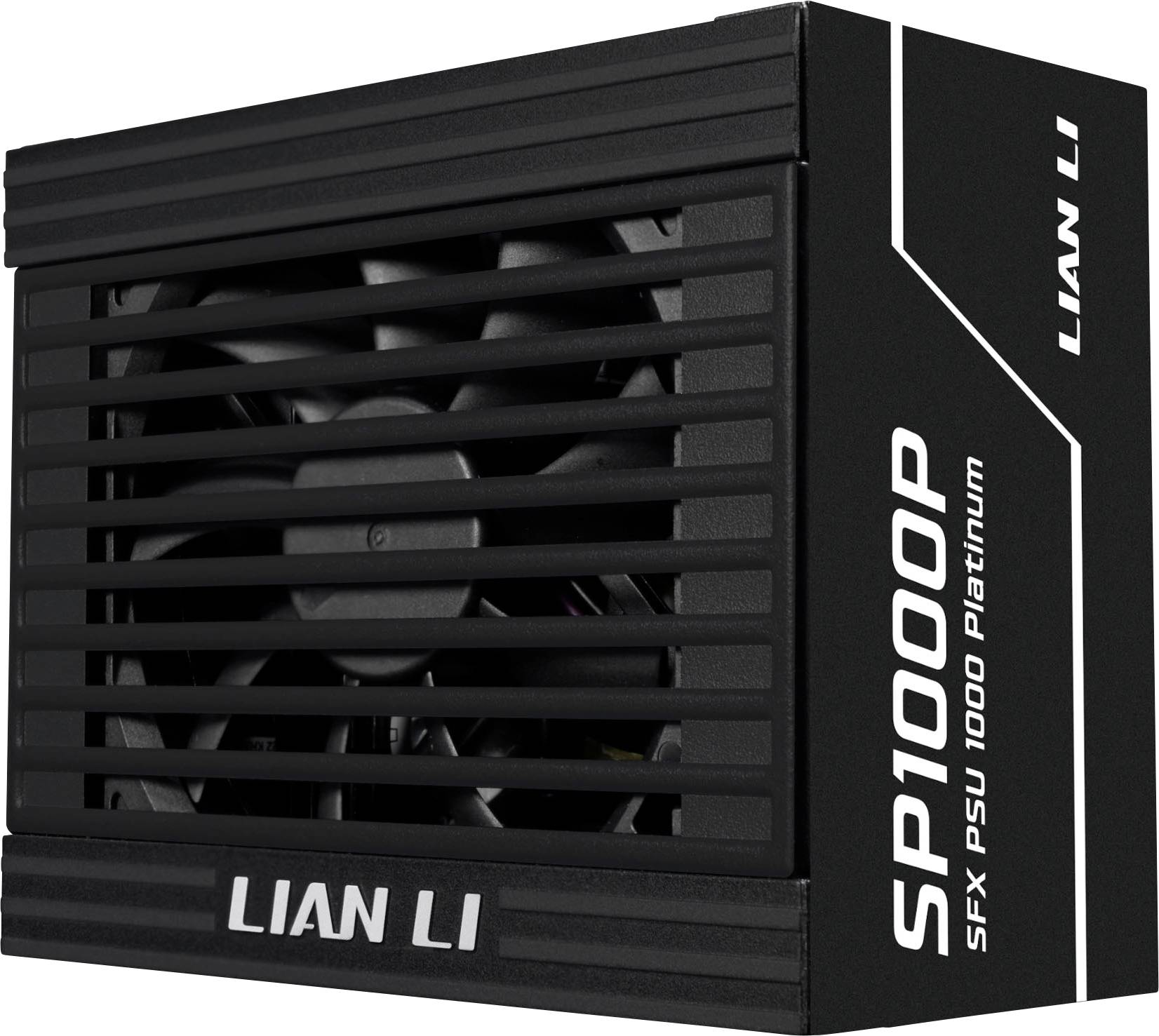 Unité d'alimentation « Lian Li SP1000P SFX PSU 1000 Platinum », dotée d'un design compact avec grille noire et marquage de la marque, adaptée aux PC.