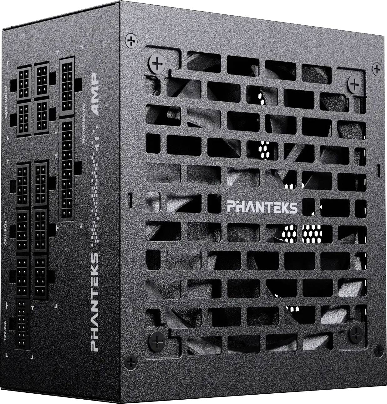 Unité d'alimentation électrique informatique Phanteks AMP noire présentant de multiples connecteurs et une grille de ventilation pour le refroidissement.