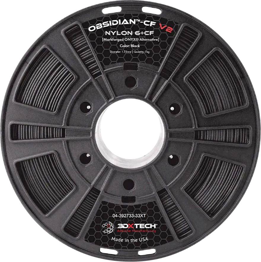 Bobine de filament d'impression 3D noire étiquetée « OBSIDIAN-CF V2 NYLON-CF » et « 3DXTECH », avec un grand trou central.