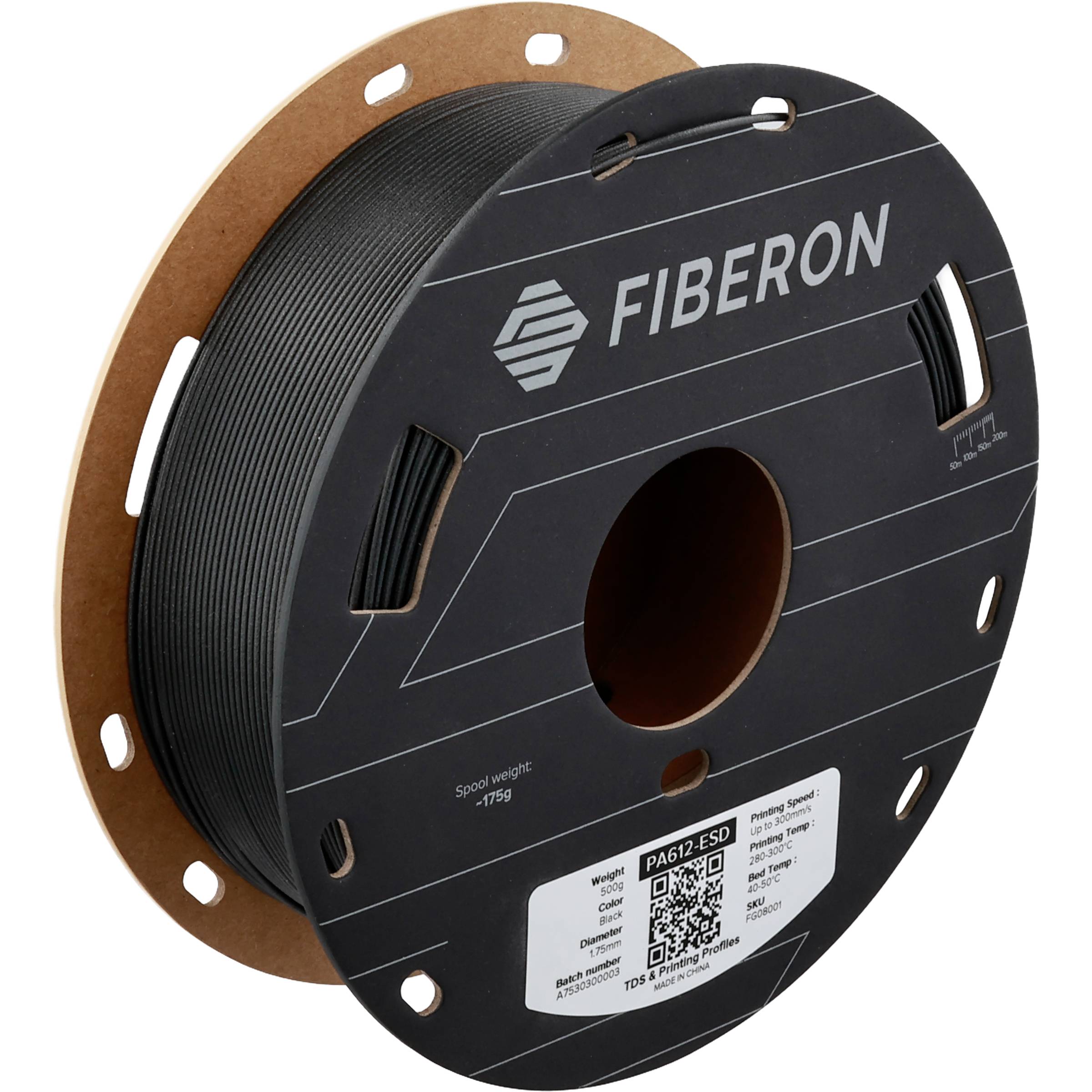 Bobine de filament pour imprimante 3D Fiberon avec matériau noir sur une bobine en carton brun et face avant étiquetée.