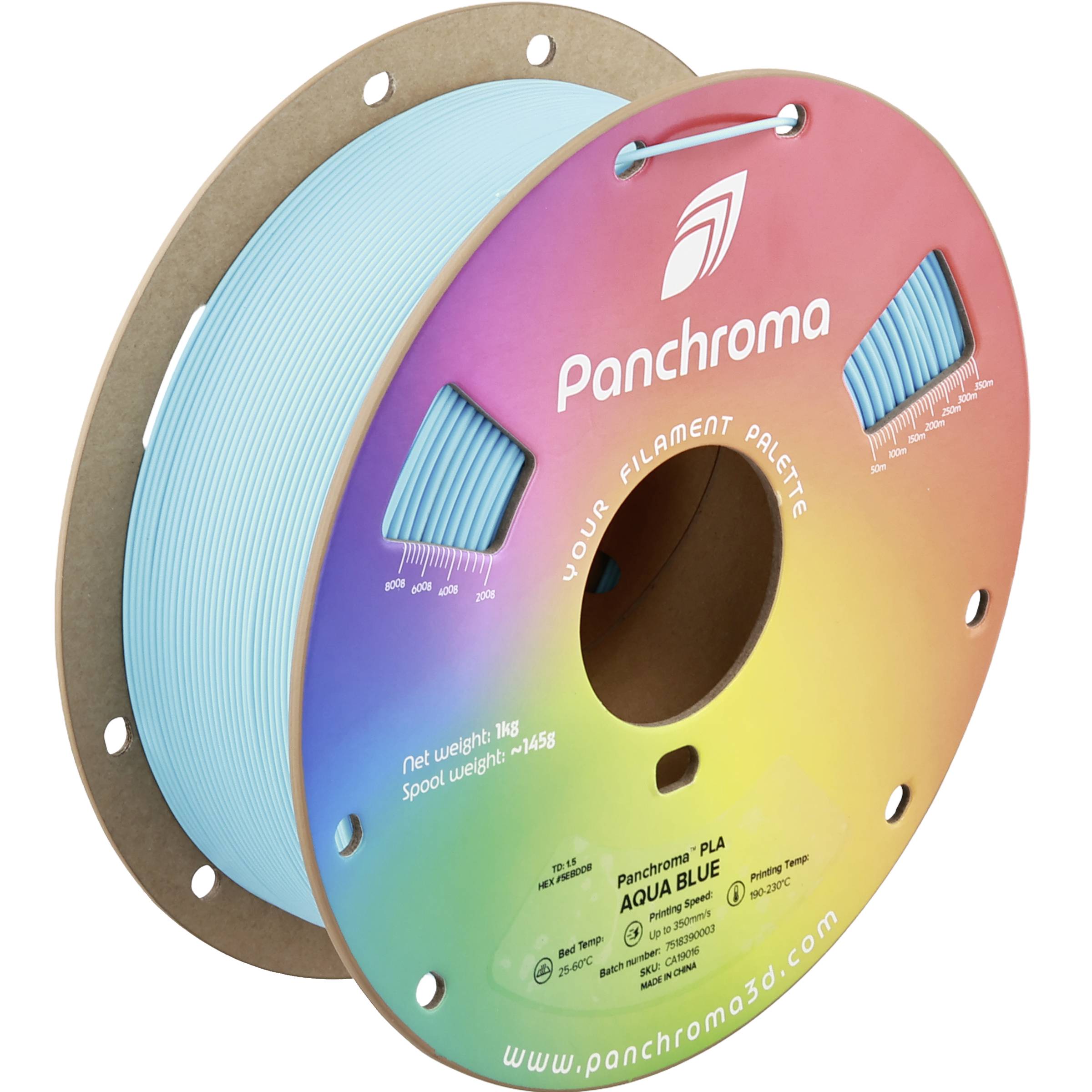 Bobine de filament PLA Rainbow Panchroma étiqueté « BLEU AQUA » avec du filament bleu vif enroulé sur une bobine en carton.
