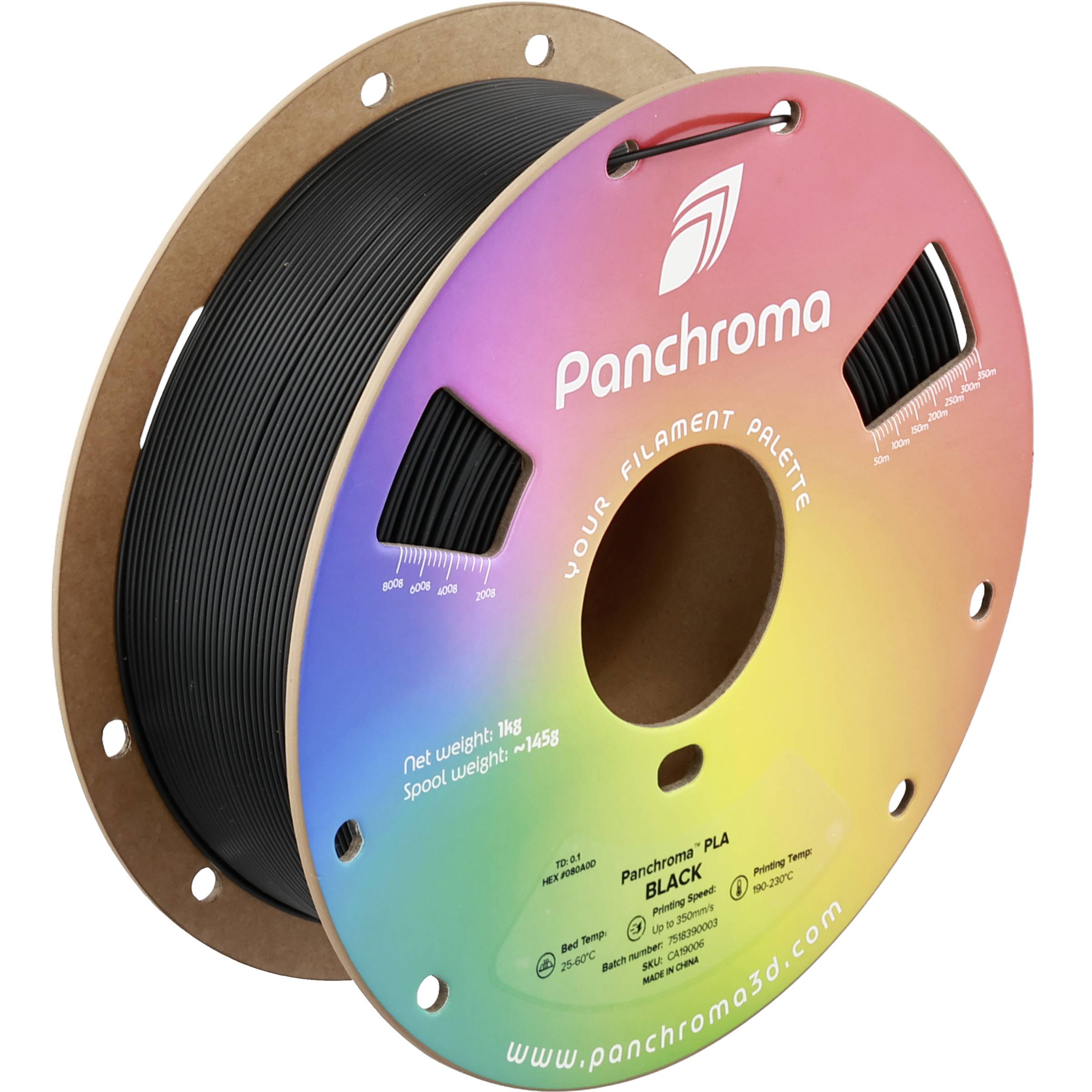 Une bobine de filament noir pour imprimante 3D sur une bobine Panchroma PLA colorée étiquetée « Panchroma » et « NOIR ».