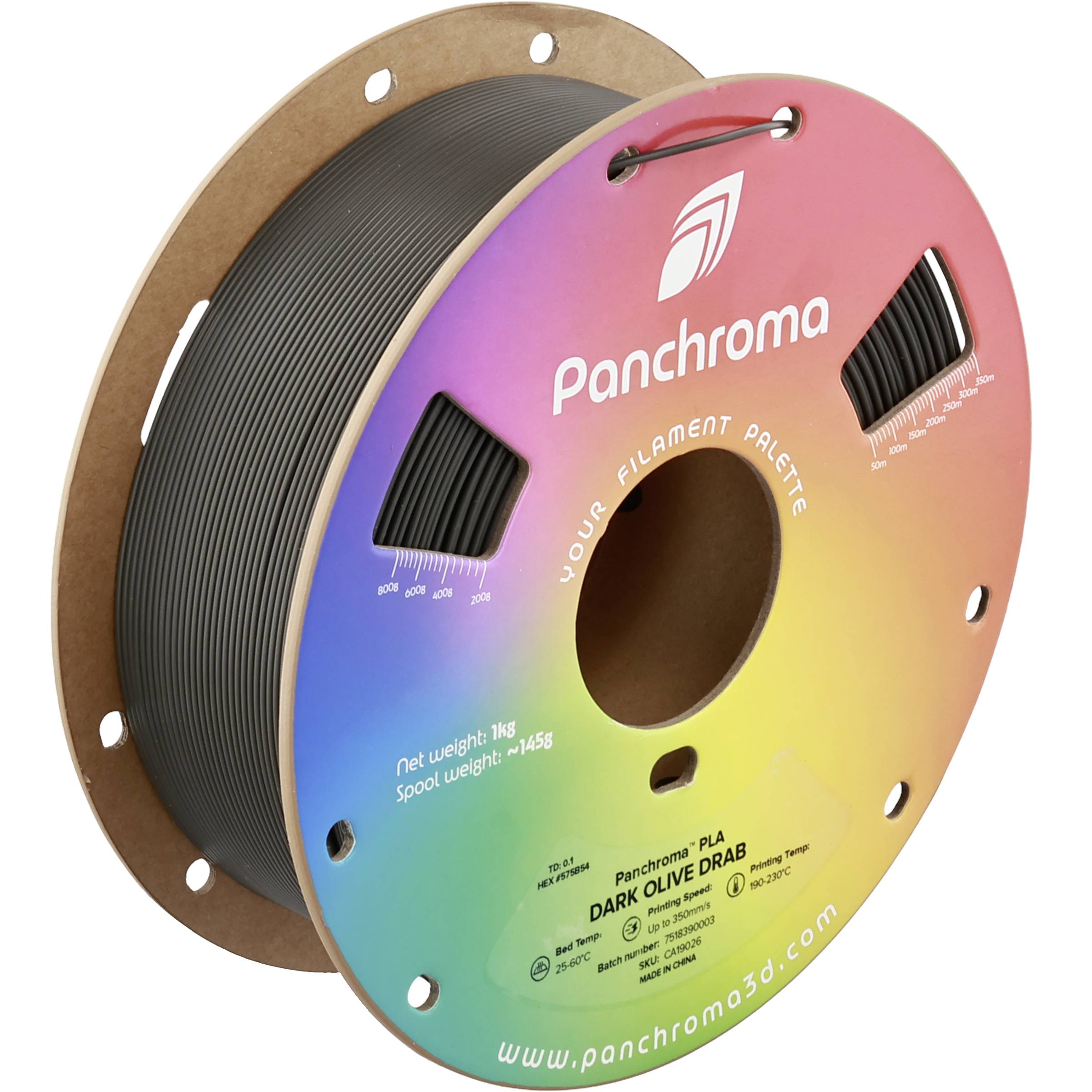 Une bobine de filament noir pour imprimante 3D sur une bobine Panchroma PLA à étiquette arc-en-ciel, affichant l'image de marque du produit et les détails du poids.