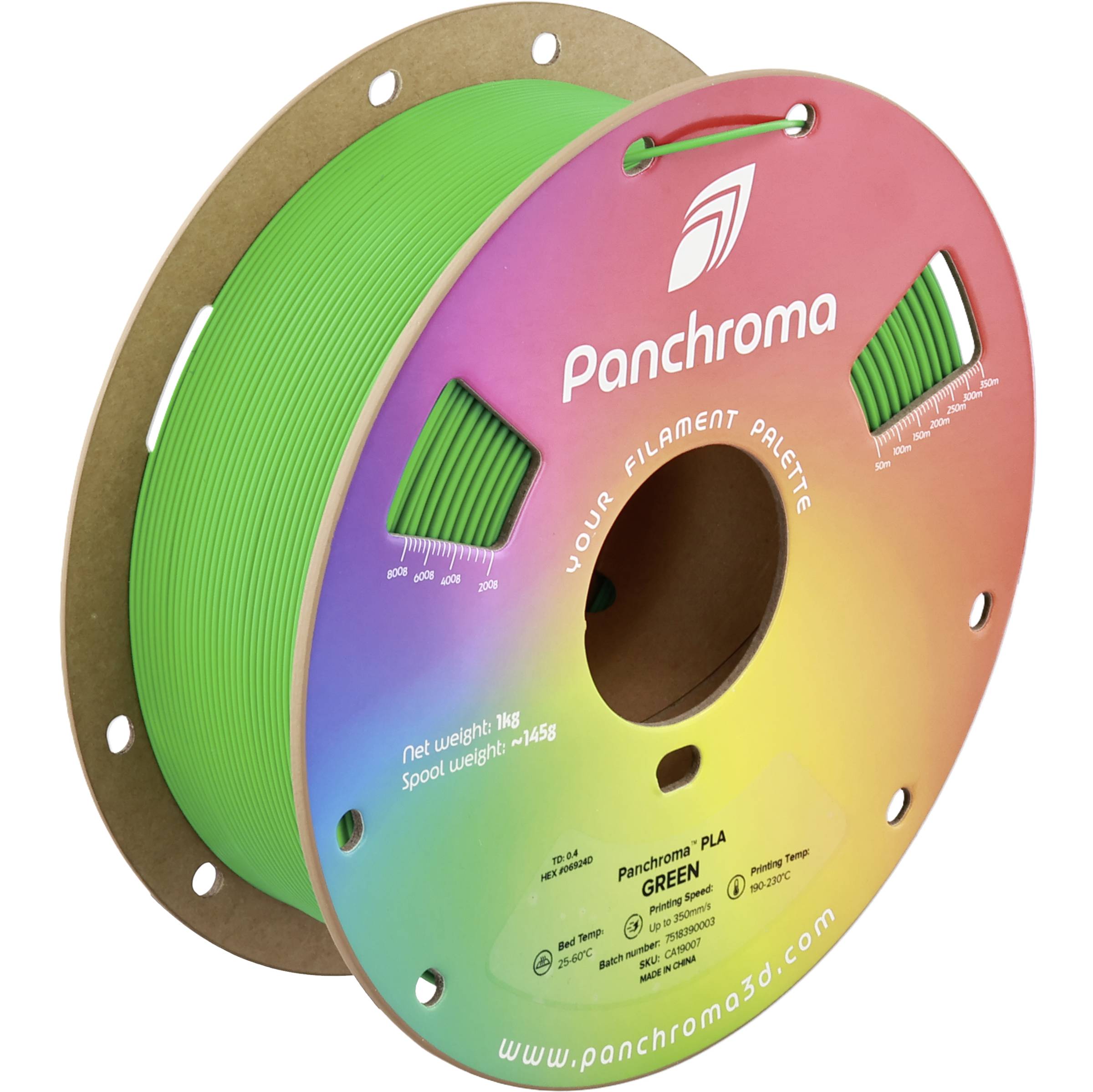 Bobine de filament PLA Rainbow Panchroma étiqueté 'VERT' avec du filament vert enroulé sur une bobine en carton.