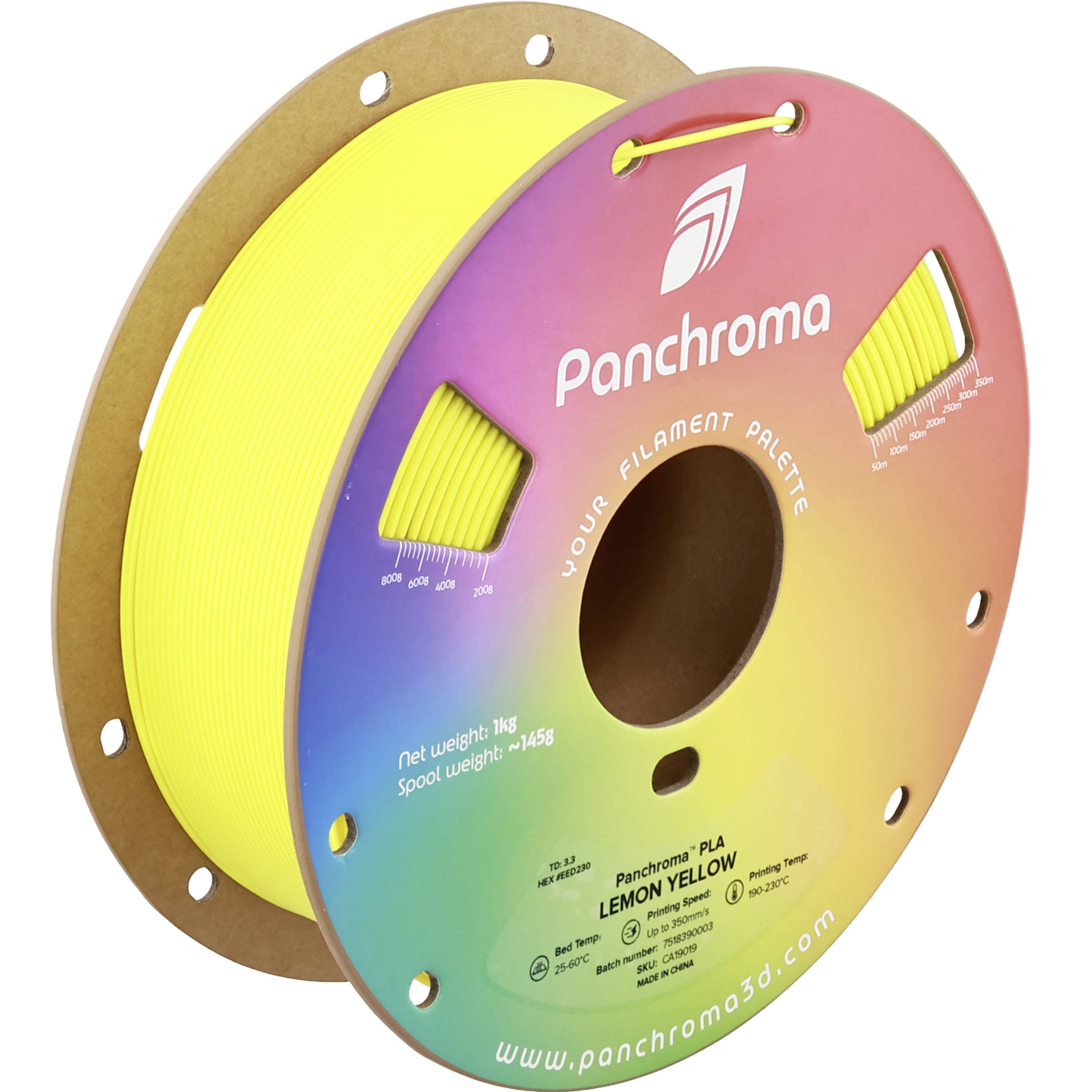 Bobine de filament d'imprimante 3D jaune étiquetée « Panchroma » et « LEMON YELLOW » avec une étiquette avant colorée.