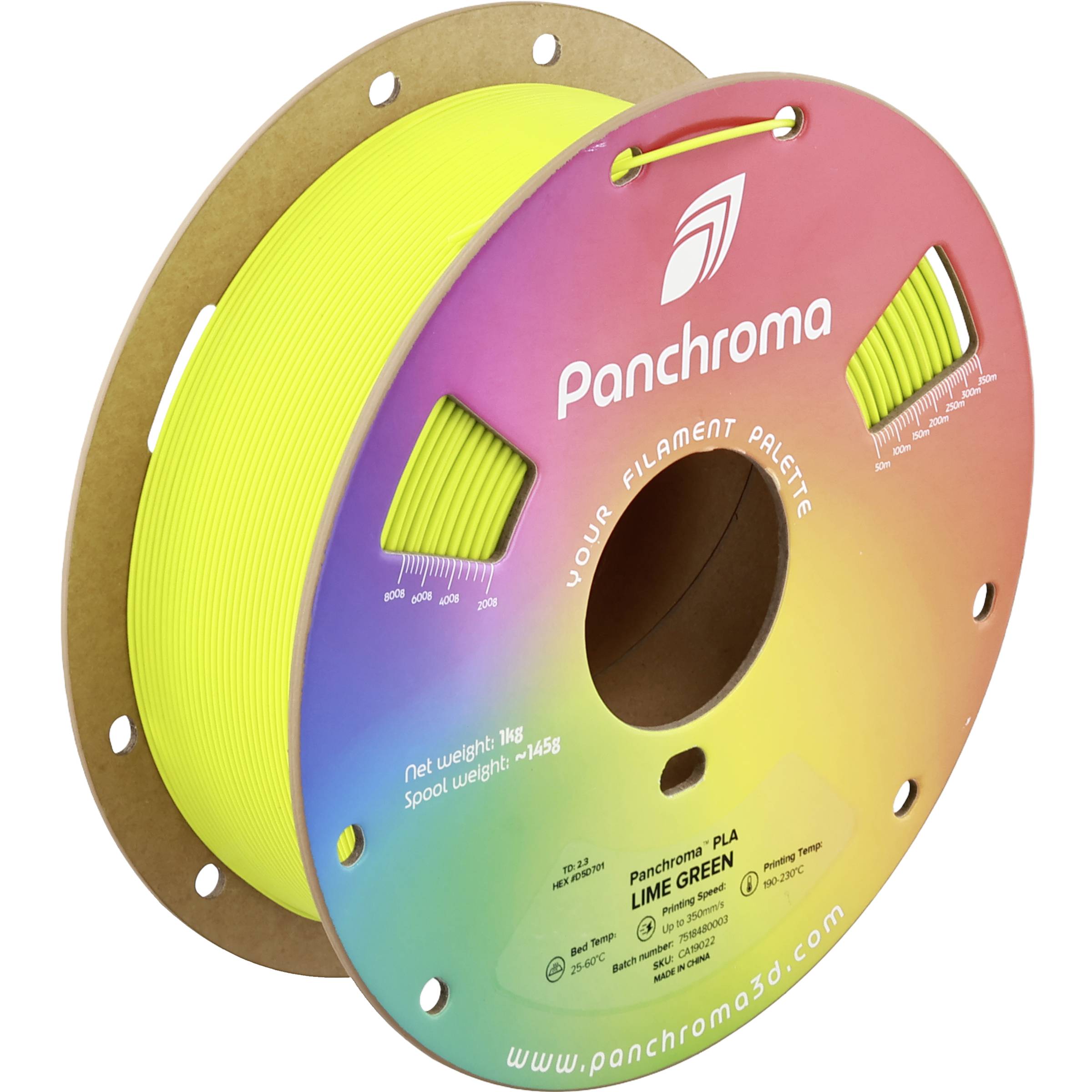 Bobine de filament d'imprimante 3D Panchroma en vert citron, présentée dans un emballage aux couleurs arc-en-ciel avec la marque du produit et le texte de l'étiquette.
