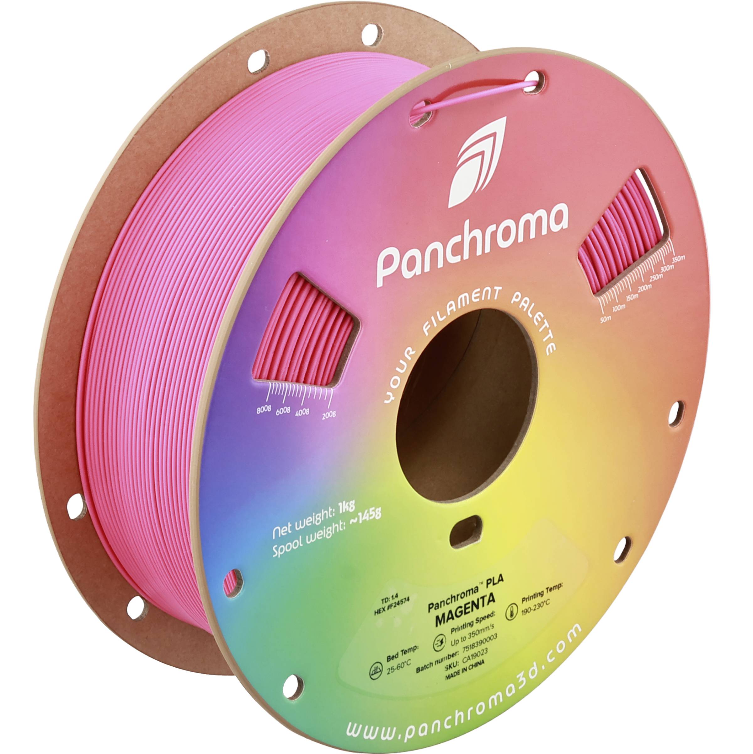 Une bobine de filament d'impression 3D multicolore Panchroma étiqueté « Panchroma », « Votre Palette de Filament » et « PLA MAGENTA ».