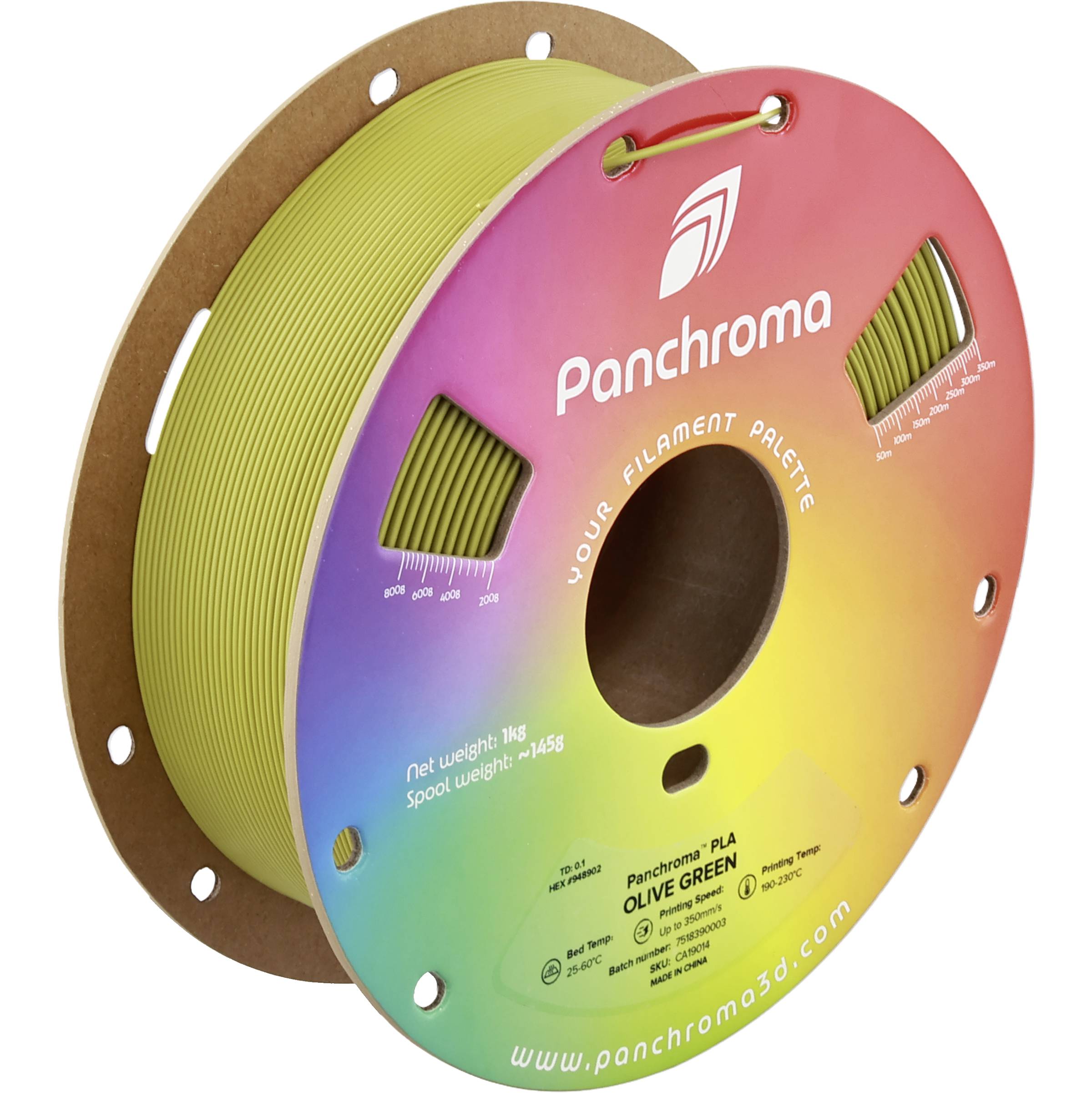 Bobine de filament d'imprimante 3D olive vert Panchroma dans un emballage en carton étiqueté arc-en-ciel, montré de face en angle.