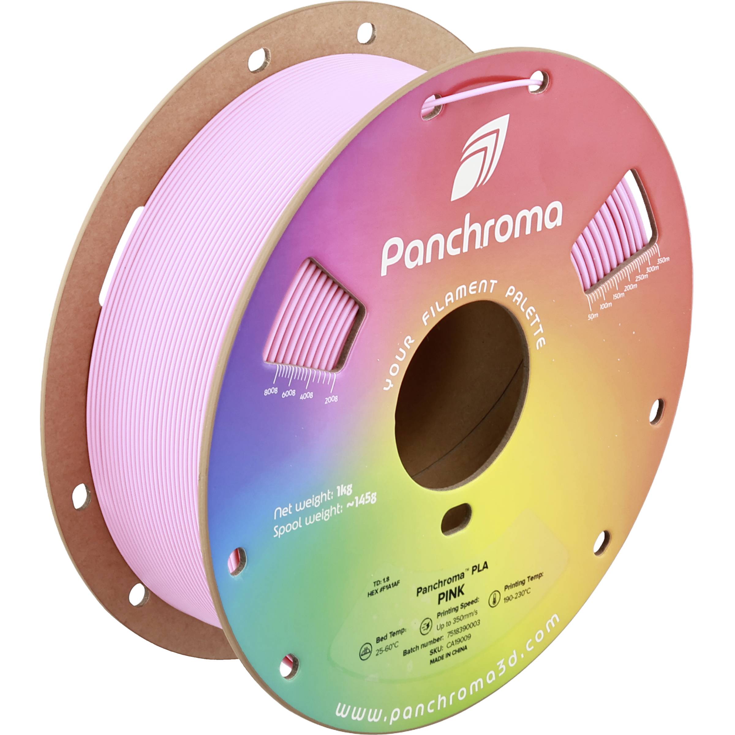 Deux bobines de filament pour imprimante 3D, l'une rose et l'autre avec un dégradé arc-en-ciel étiquetées « Panchroma » et « Votre palette de filament ».