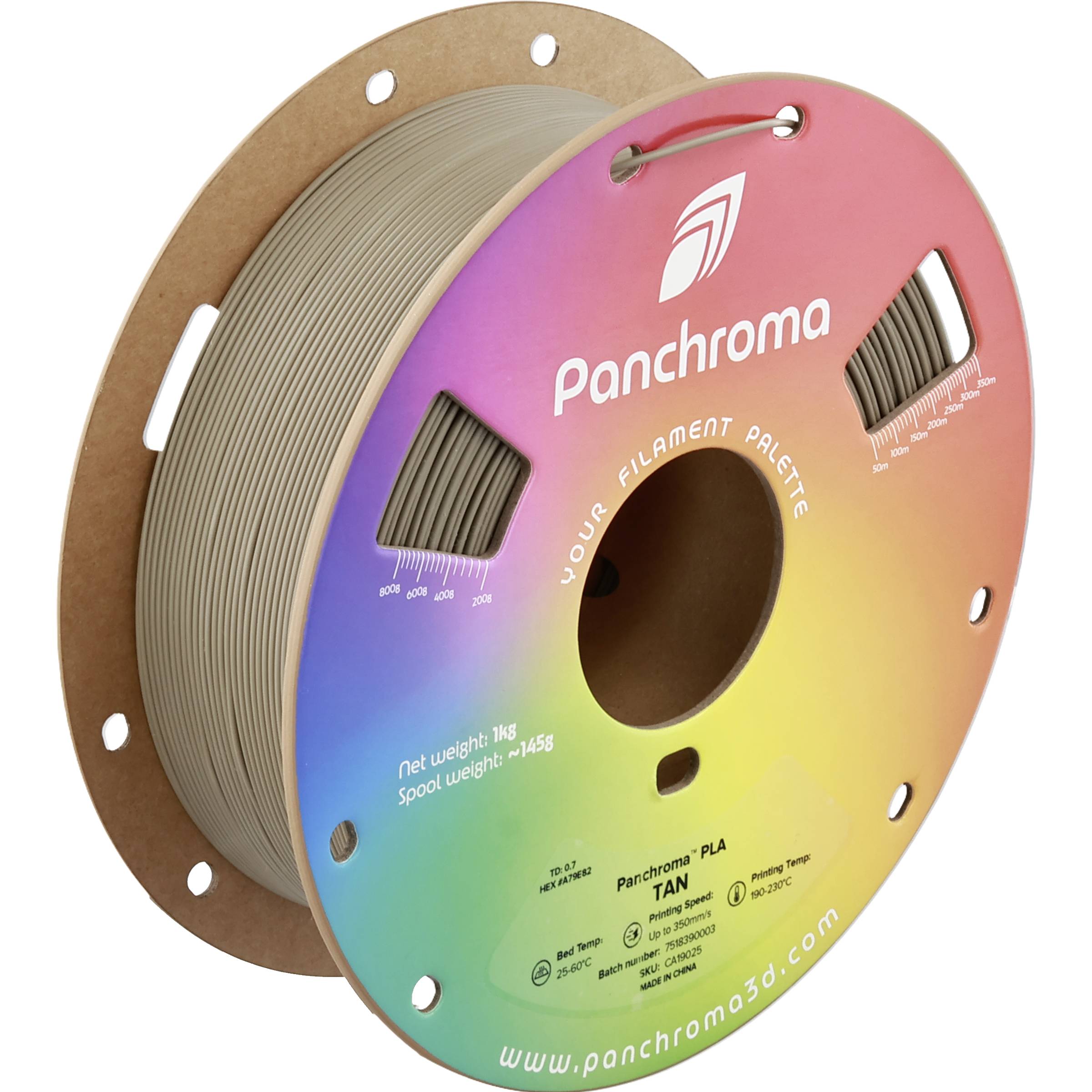 Bobine de filament d'imprimante 3D PLA multicolore Panchroma sur une bobine marron, étiqueté « Your filament palette » et « Panchroma ».