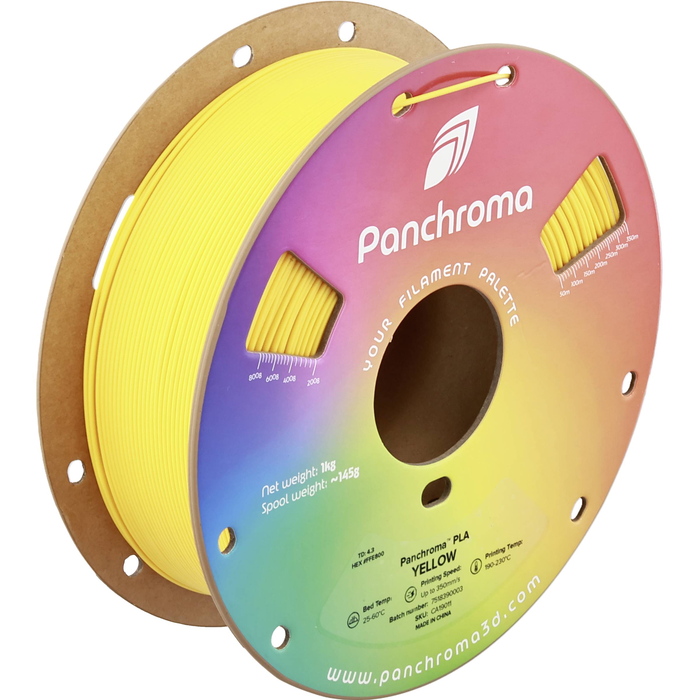 Bobine de filament PLA Panchroma jaune pour imprimante 3D dans un emballage en carton aux couleurs de l'arc-en-ciel.