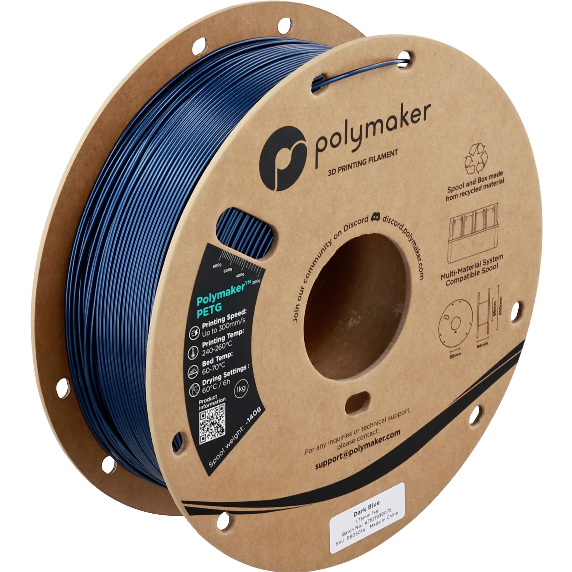 Bobine de filament PETG pour imprimante 3D bleu Polymaker sur une bobine en carton, avec la marque de produit et les spécifications visibles.