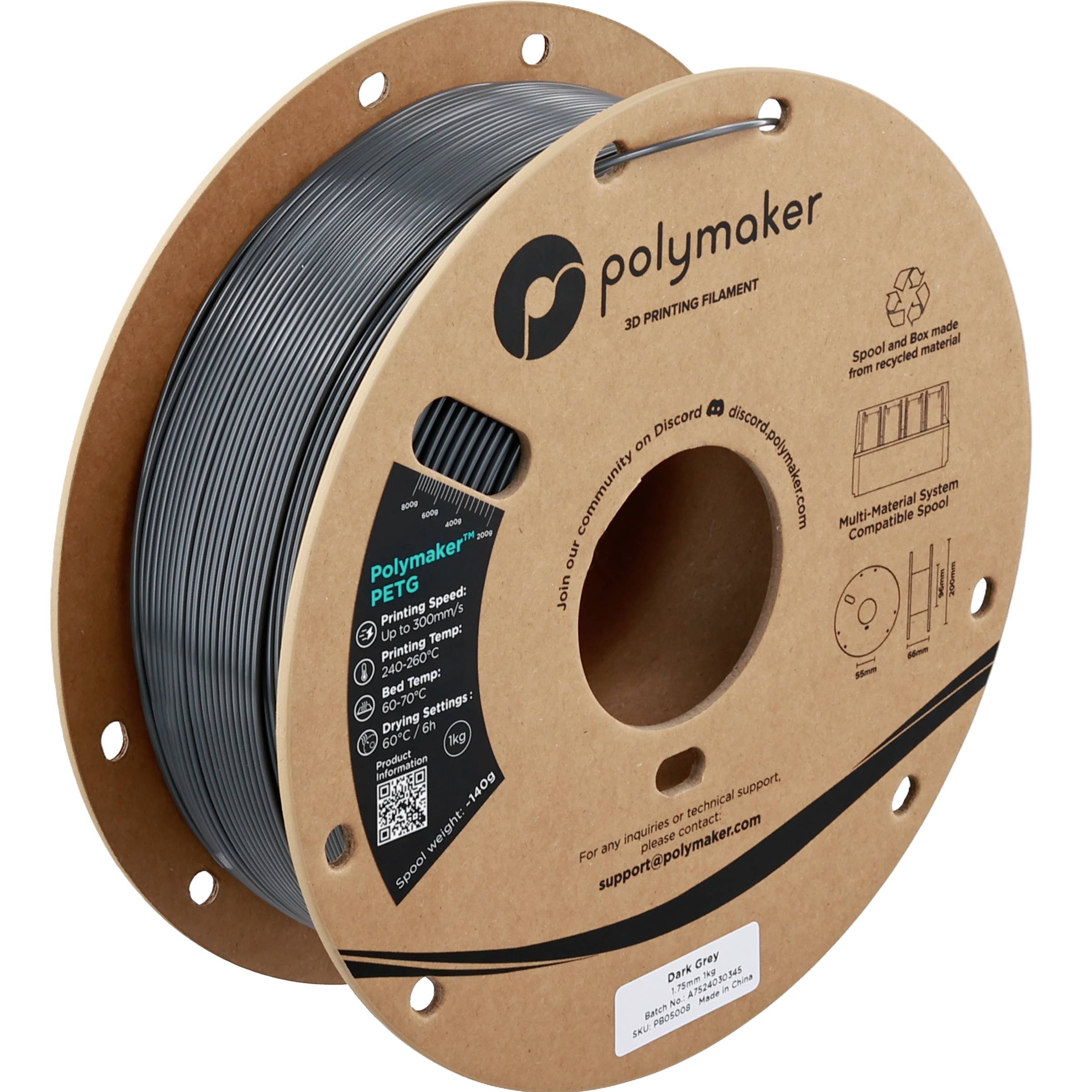 Une bobine de filament d'impression 3D PETG Polymaker gris foncé sur une bobine en carton avec marque de produit et spécifications.