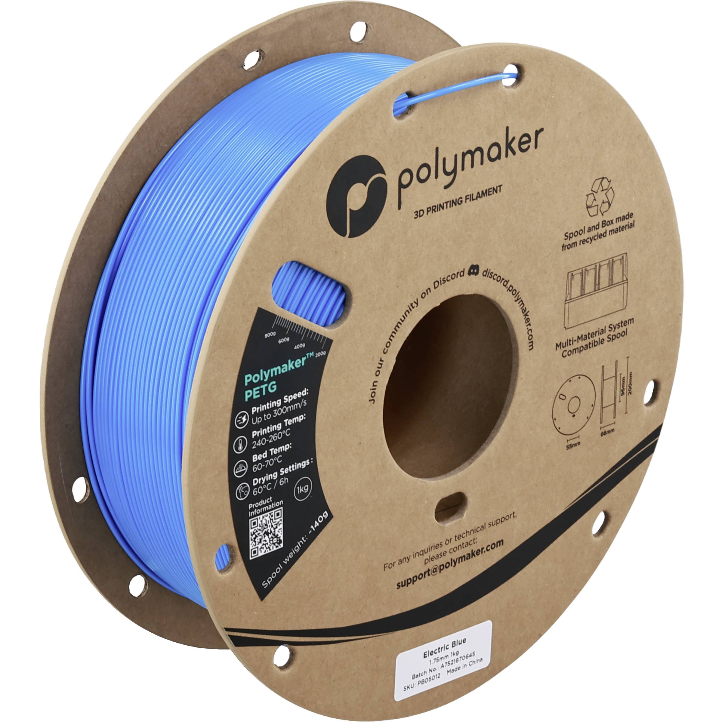 Bobine de filament d'impression 3D PETG Polymaker bleu sur une bobine en carton avec des étiquettes de produit et un grand trou central.