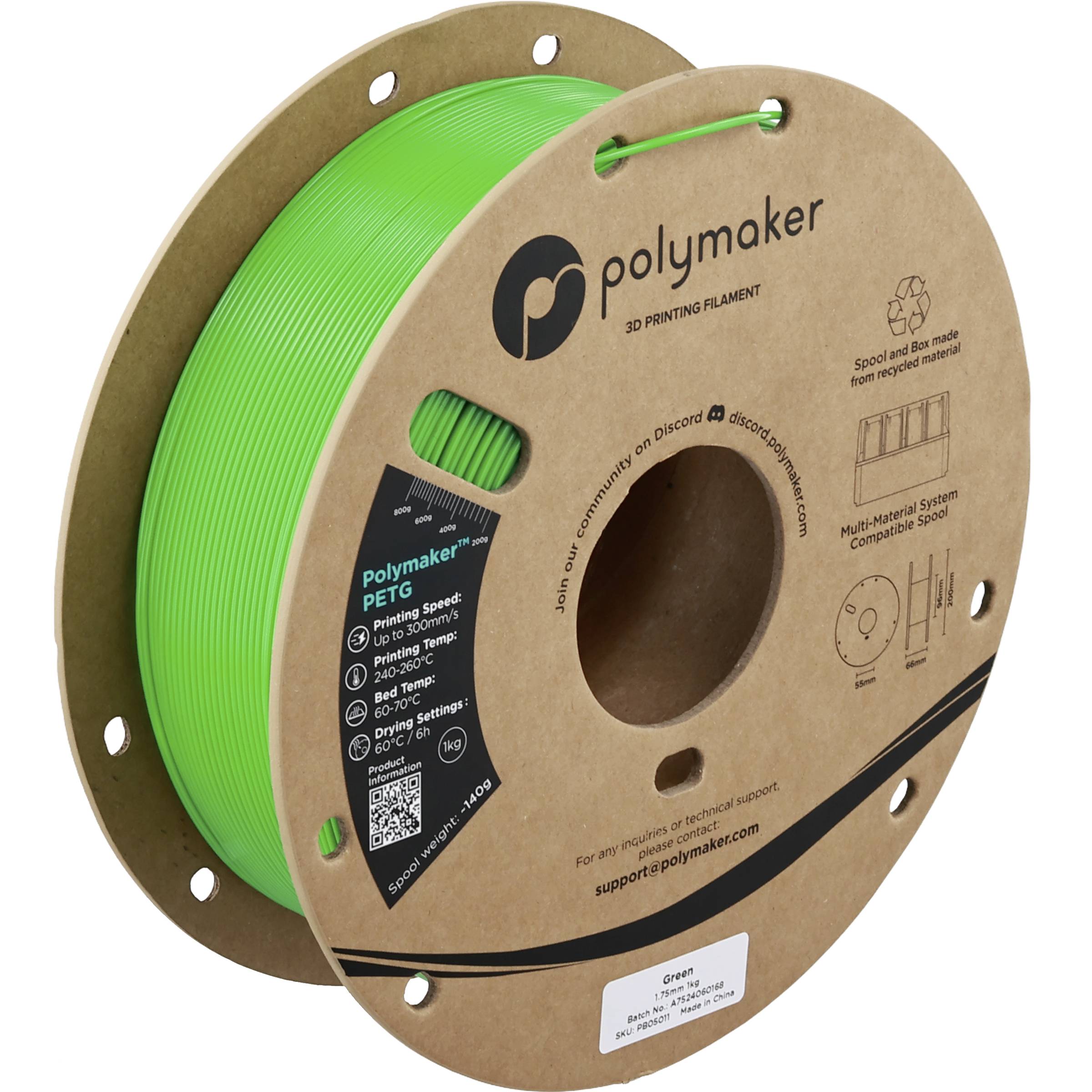 Bobine de filament d'imprimante 3D PETG Polymaker avec du filament vert brillant sur une bobine en carton étiquetée avec les détails du produit et les icônes.