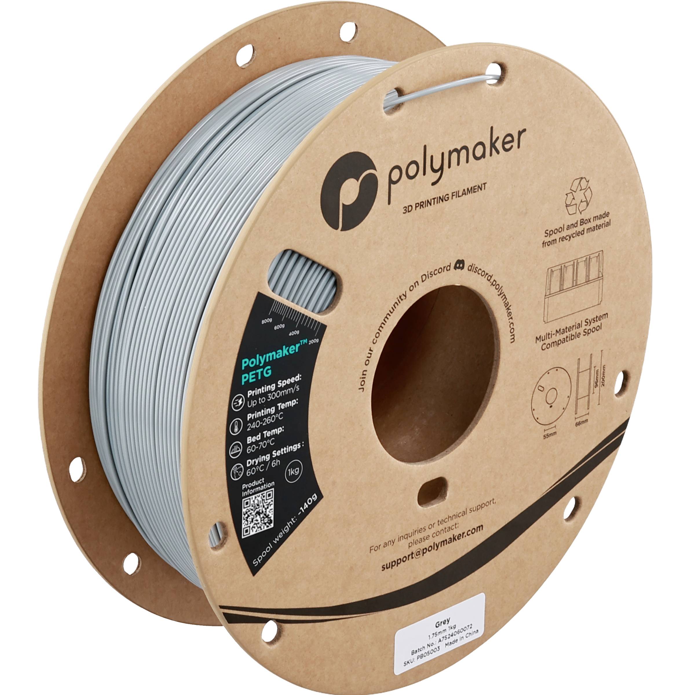 Bobine de filament d'impression 3D PETG gris Polymaker sur une bobine en carton brun avec étiquettes de produit et une poignée de transport en métal.