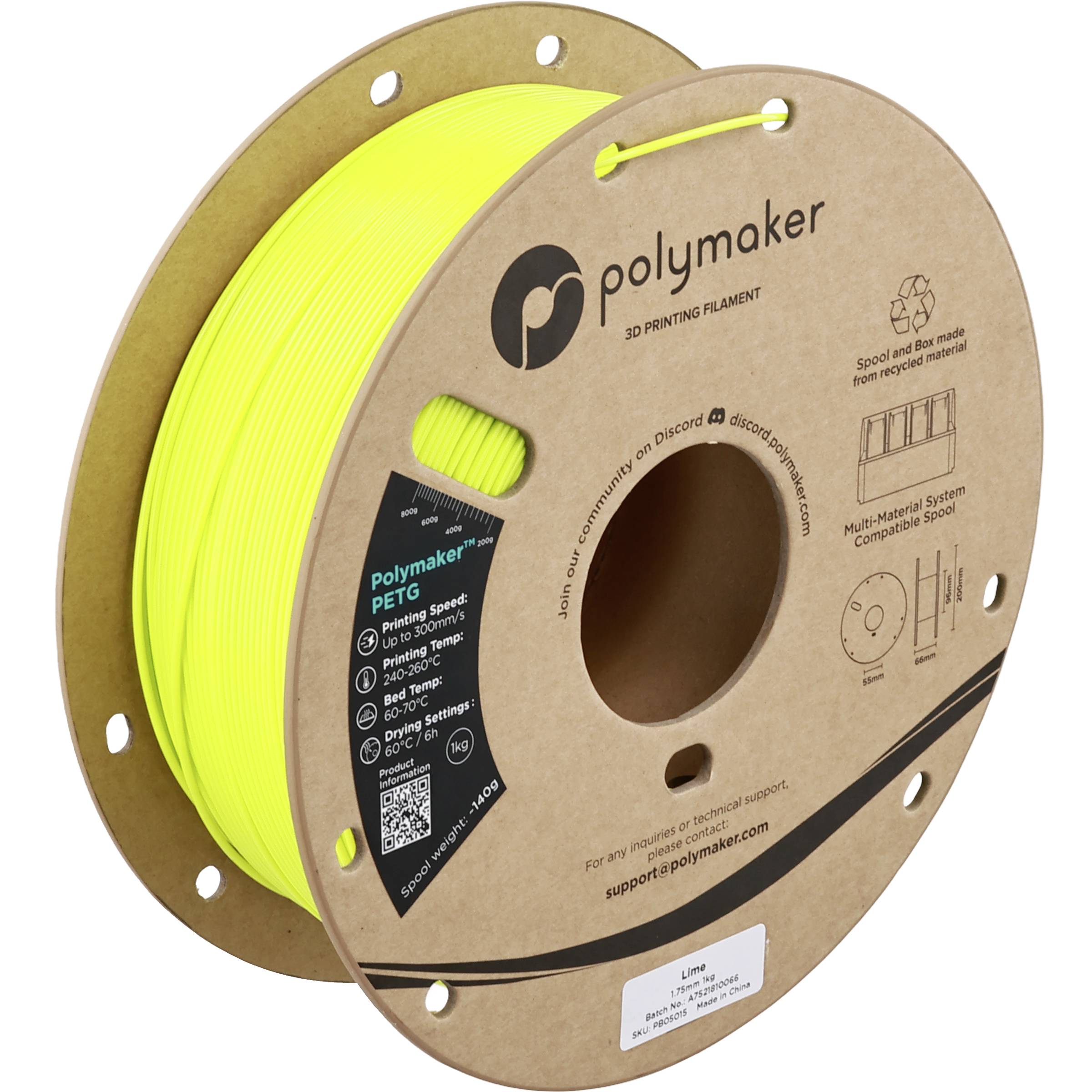 Bobine de filament d'impression 3D Polymaker jaune néon éclatant sur une bobine en carton avec marque de produit et étiquette.